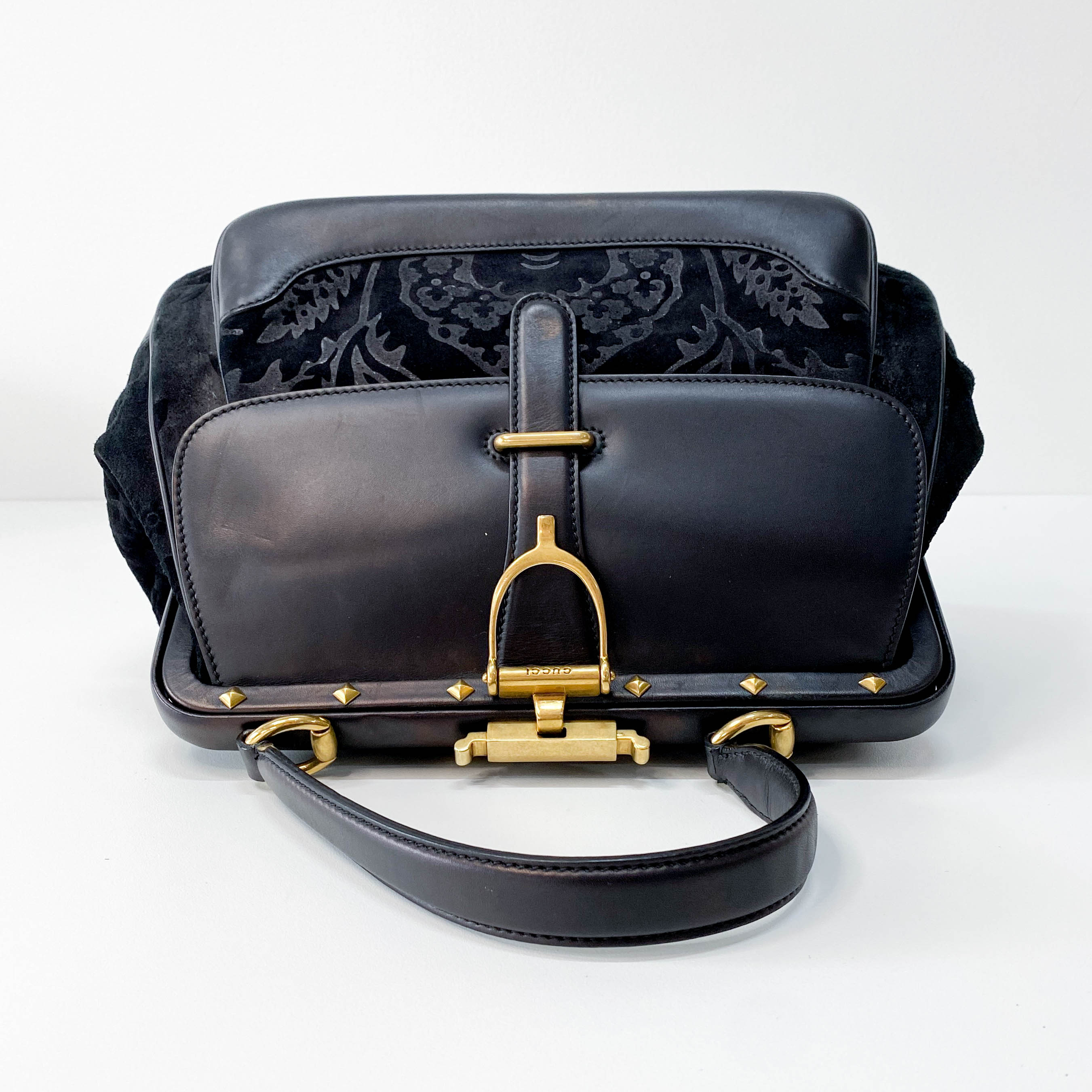 Black Floral Suede/Leather Handbag