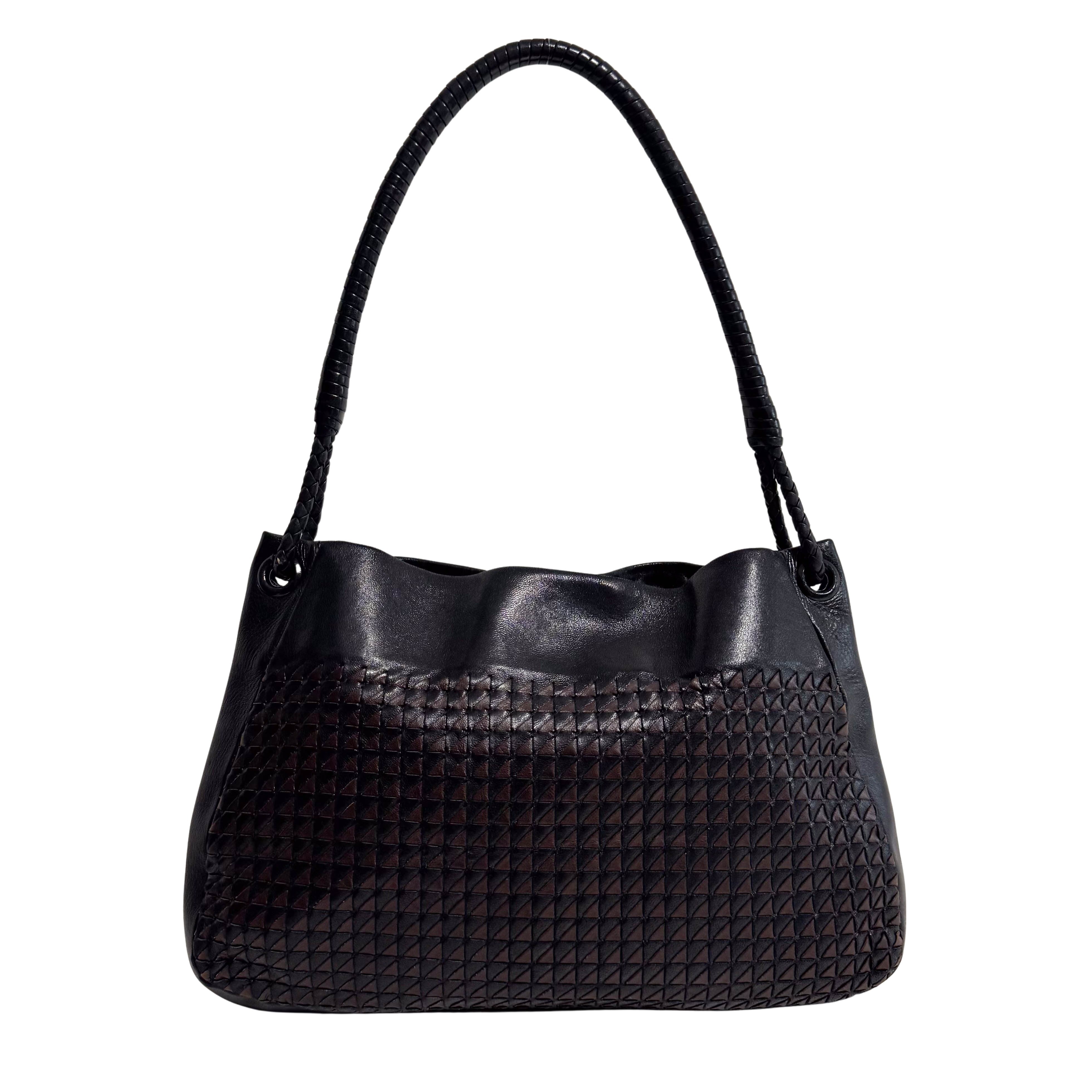 Intrecciato Black and Brown Leather Shoulder Bag