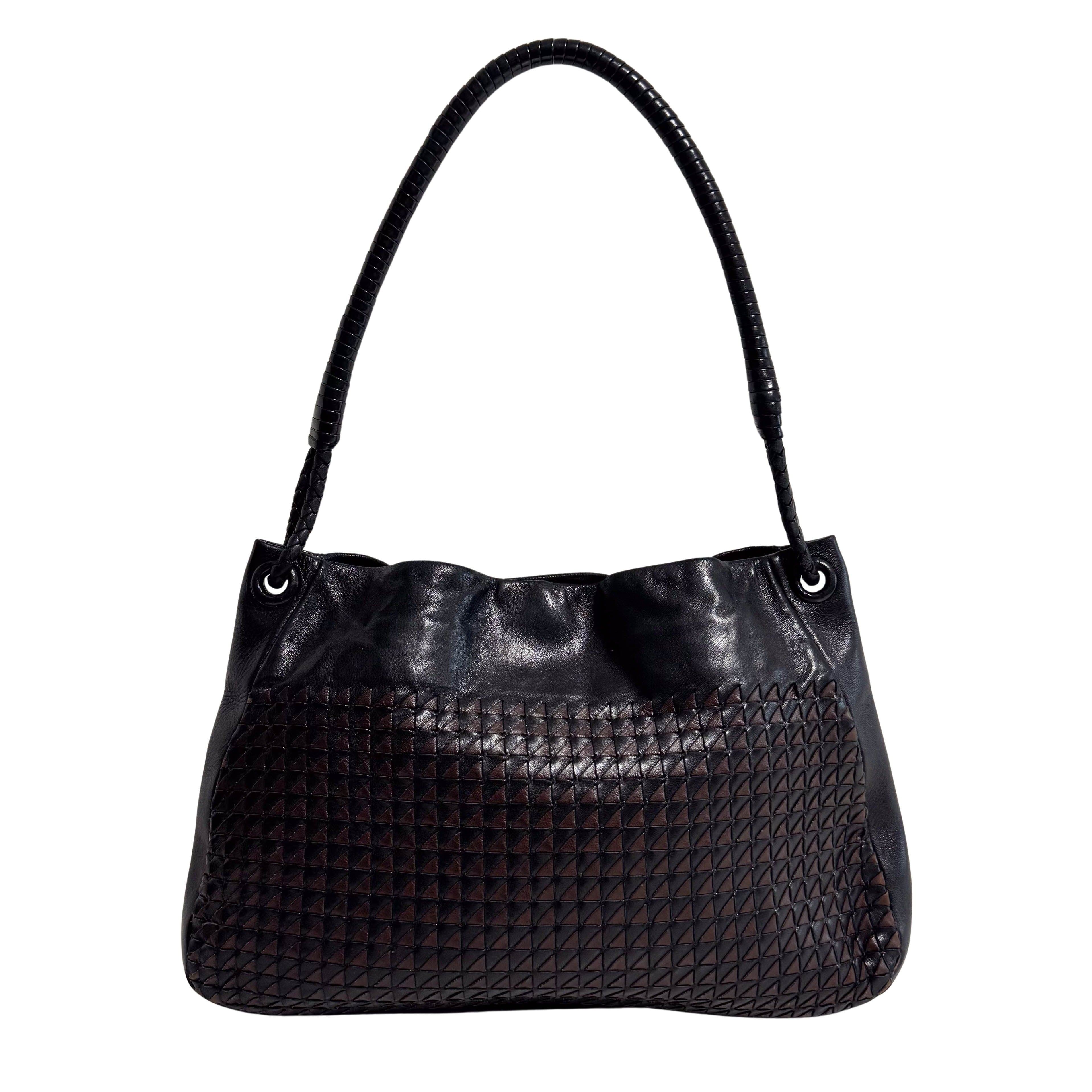 Intrecciato Black and Brown Leather Shoulder Bag