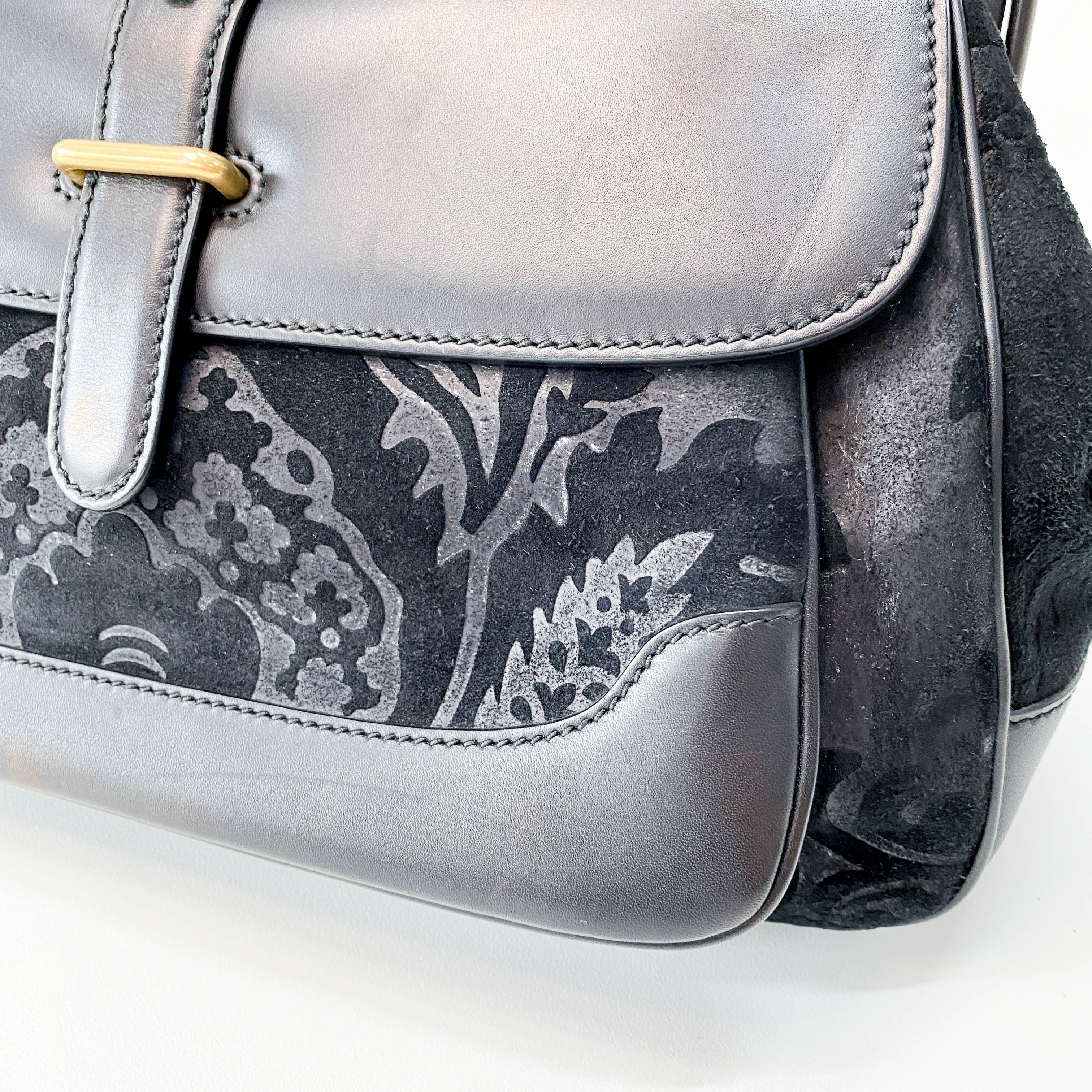 Black Floral Suede/Leather Handbag