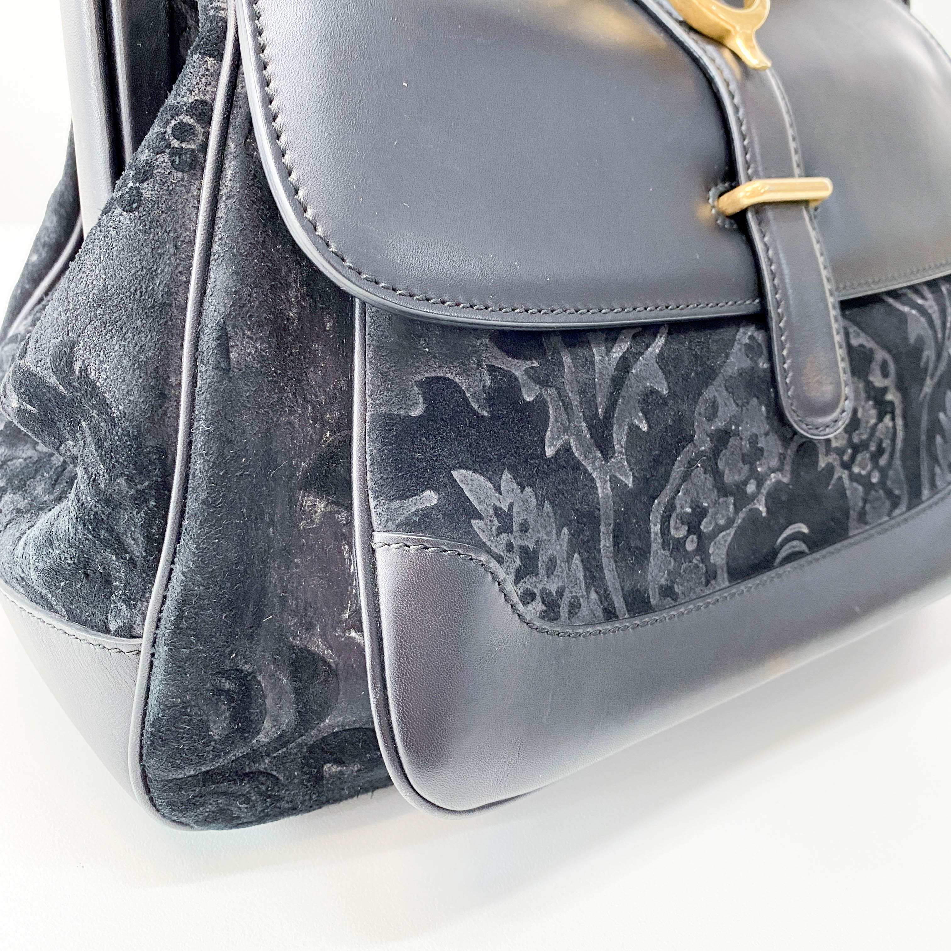 Black Floral Suede/Leather Handbag