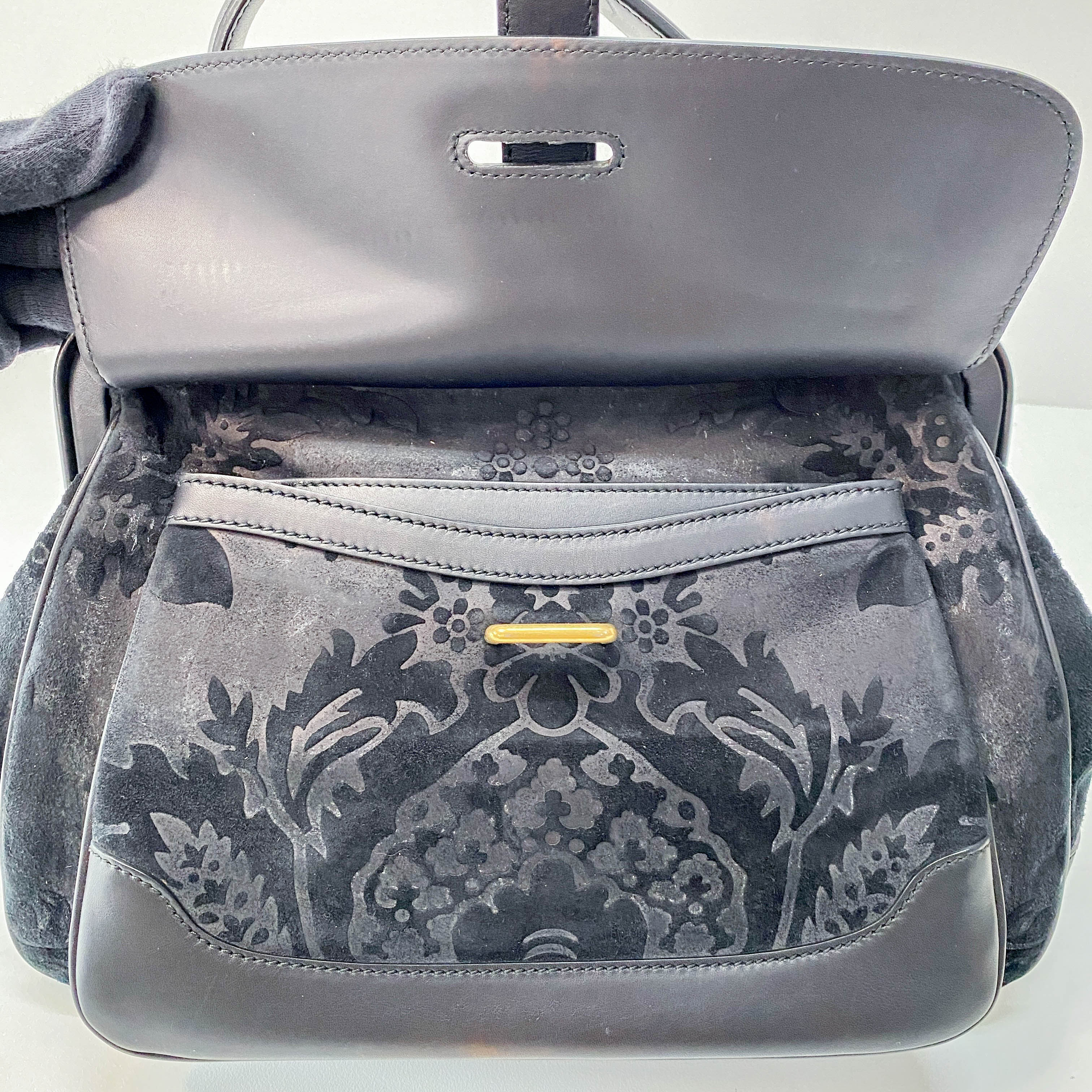 Black Floral Suede/Leather Handbag