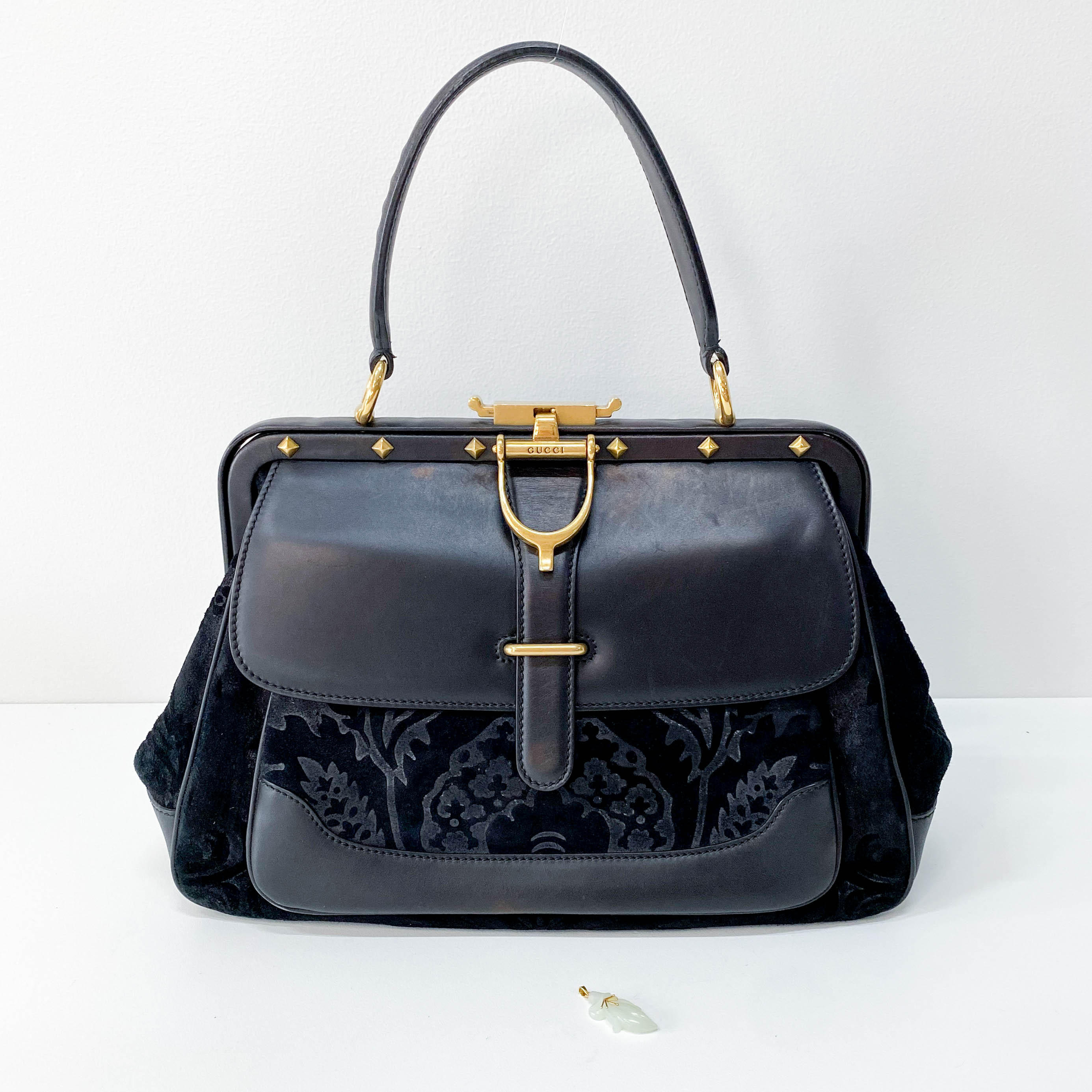 Black Floral Suede/Leather Handbag