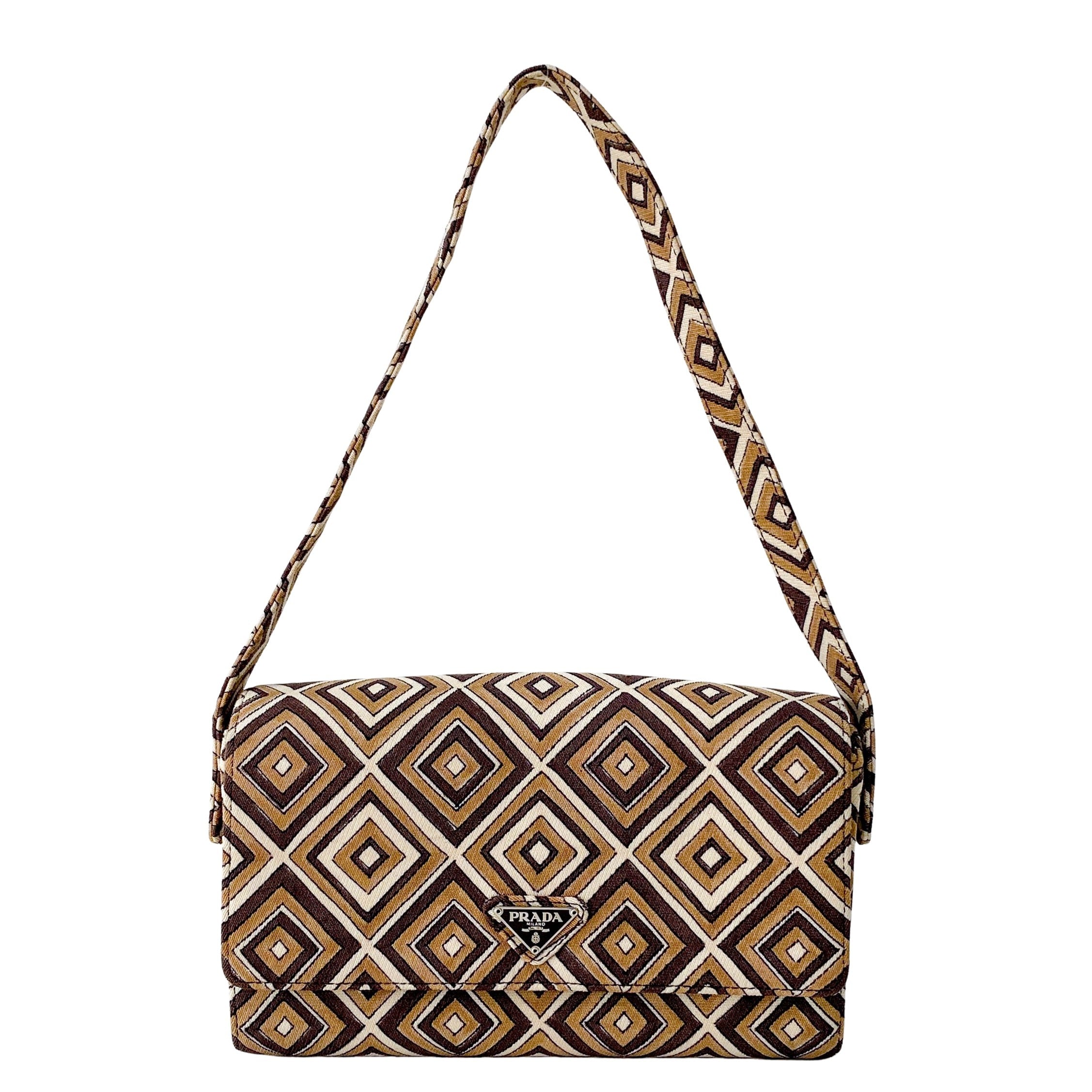 Brown Diamond Pattern Cotton Canvas Shoulder Bag