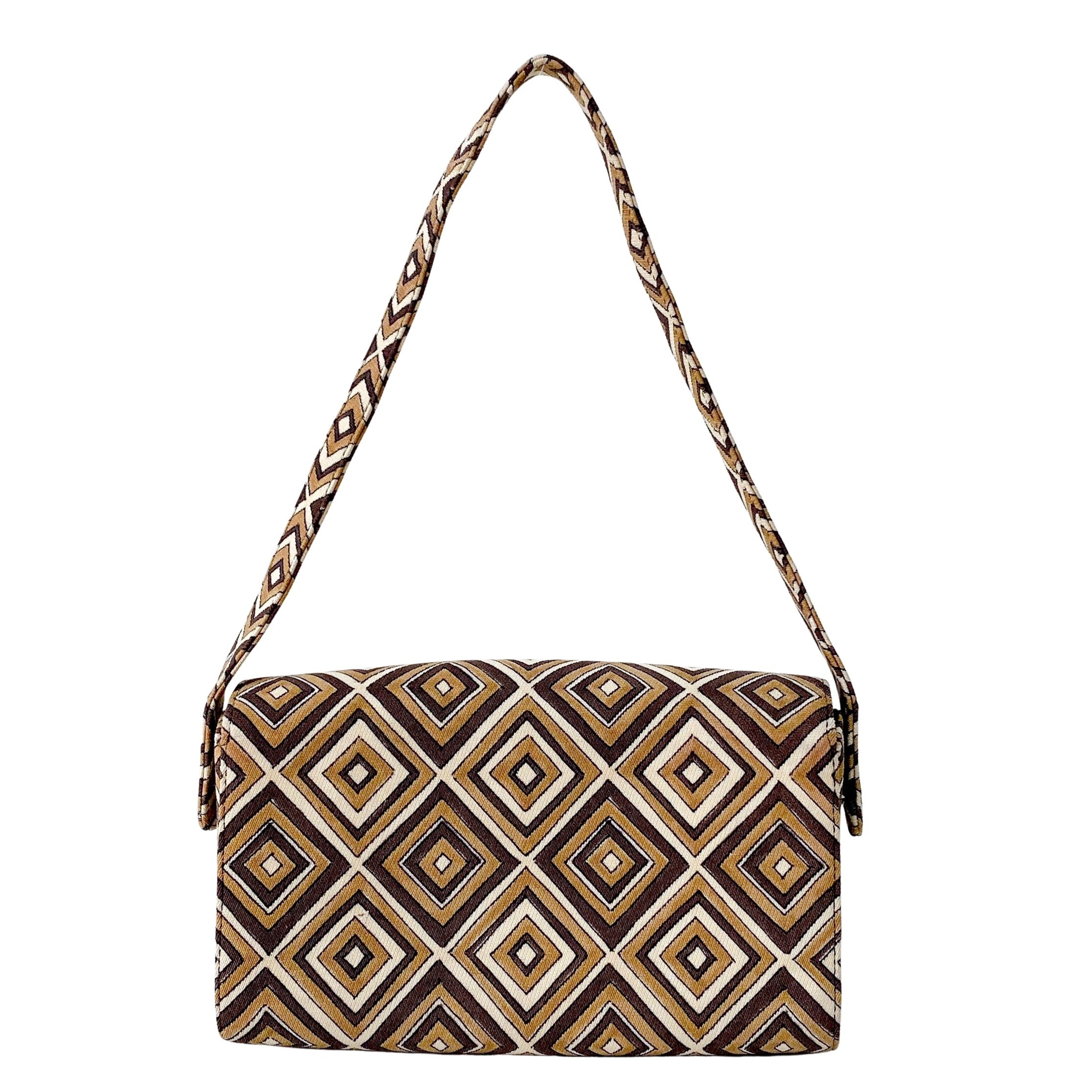 Brown Diamond Pattern Cotton Canvas Shoulder Bag