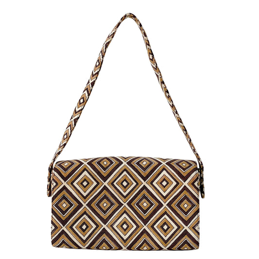 Brown Diamond Pattern Cotton Canvas Shoulder Bag