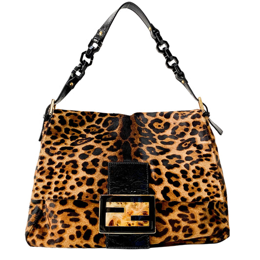 Mamma Baguette Brown Jaguar Print Pony Hair Shoulder Bag