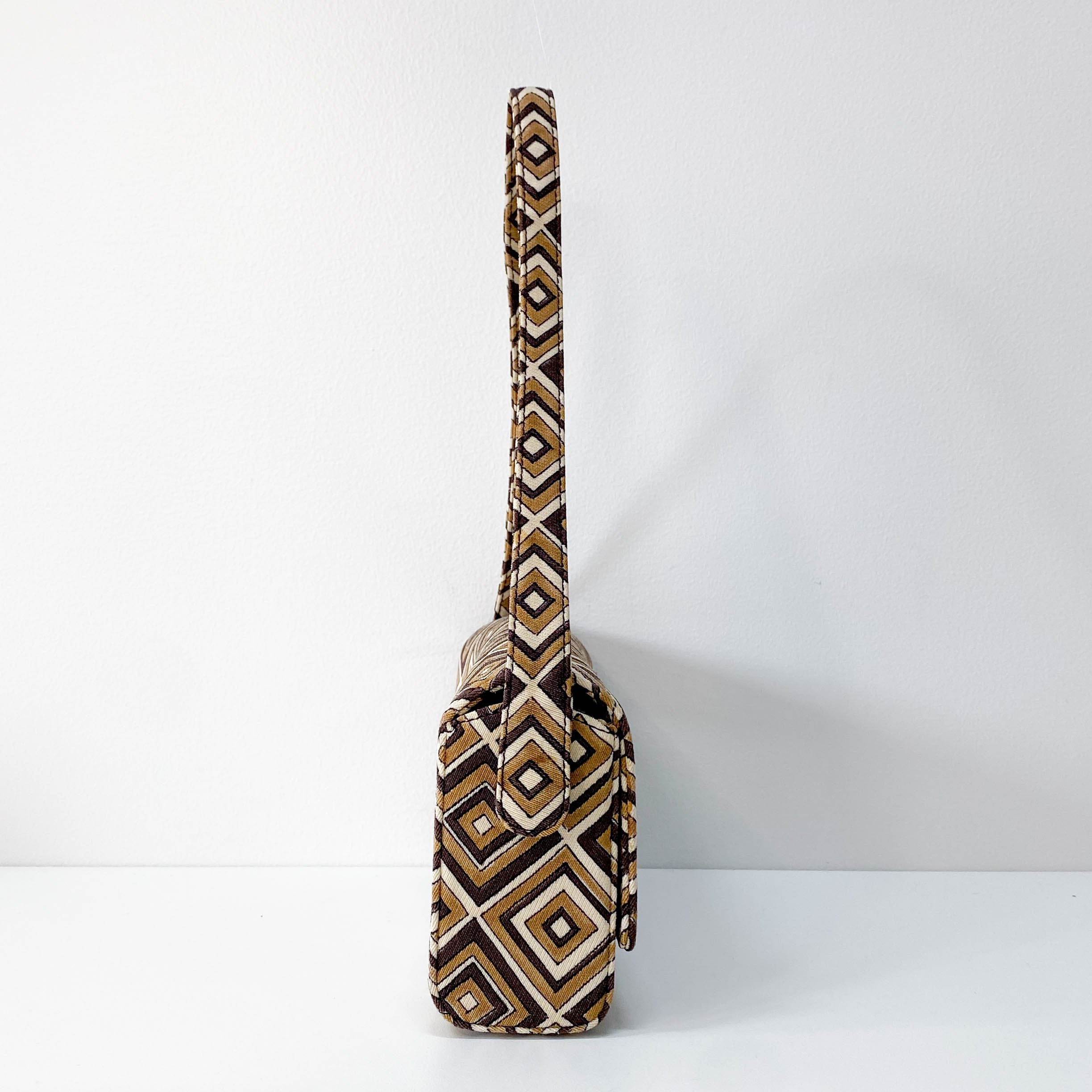 Brown Diamond Pattern Cotton Canvas Shoulder Bag