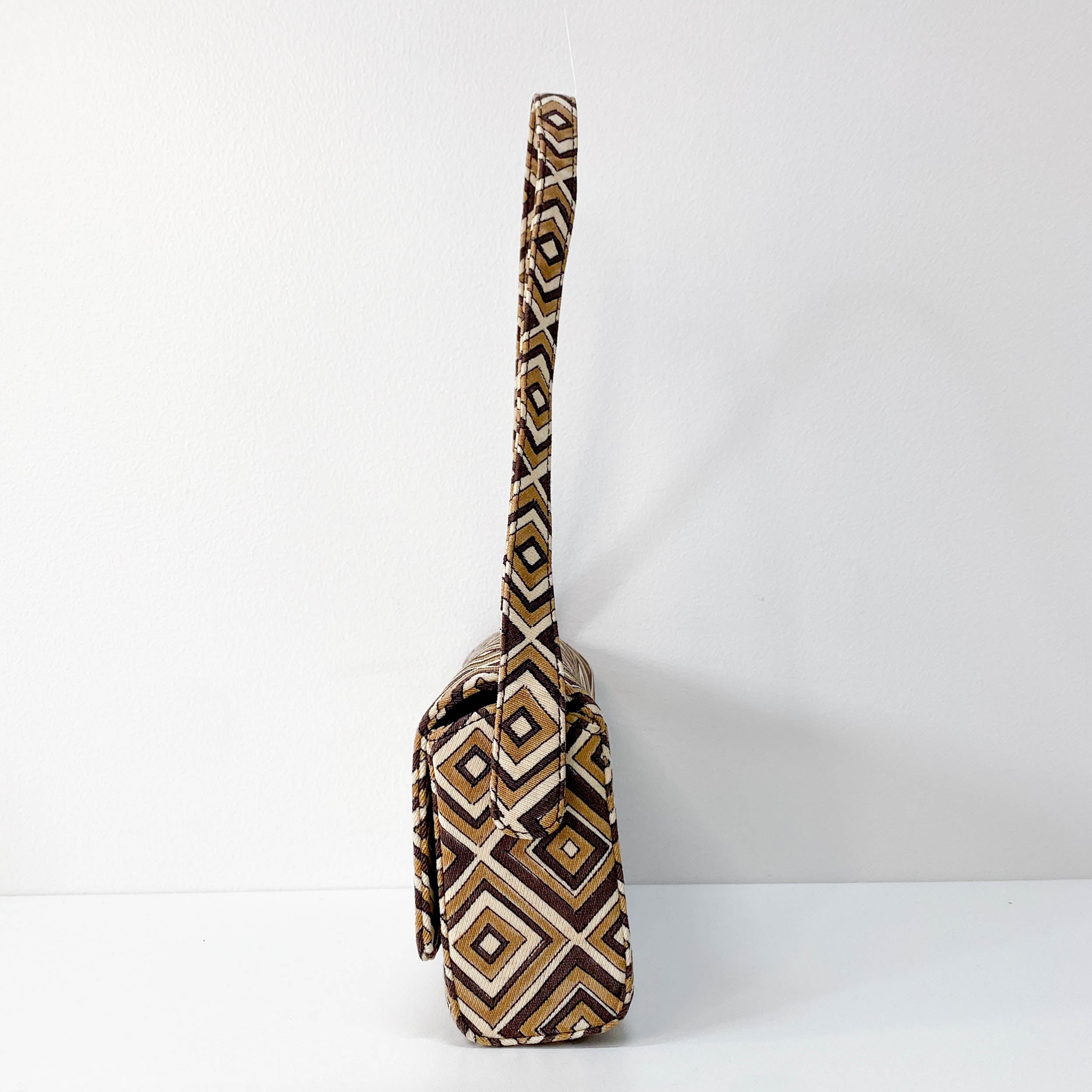 Brown Diamond Pattern Cotton Canvas Shoulder Bag