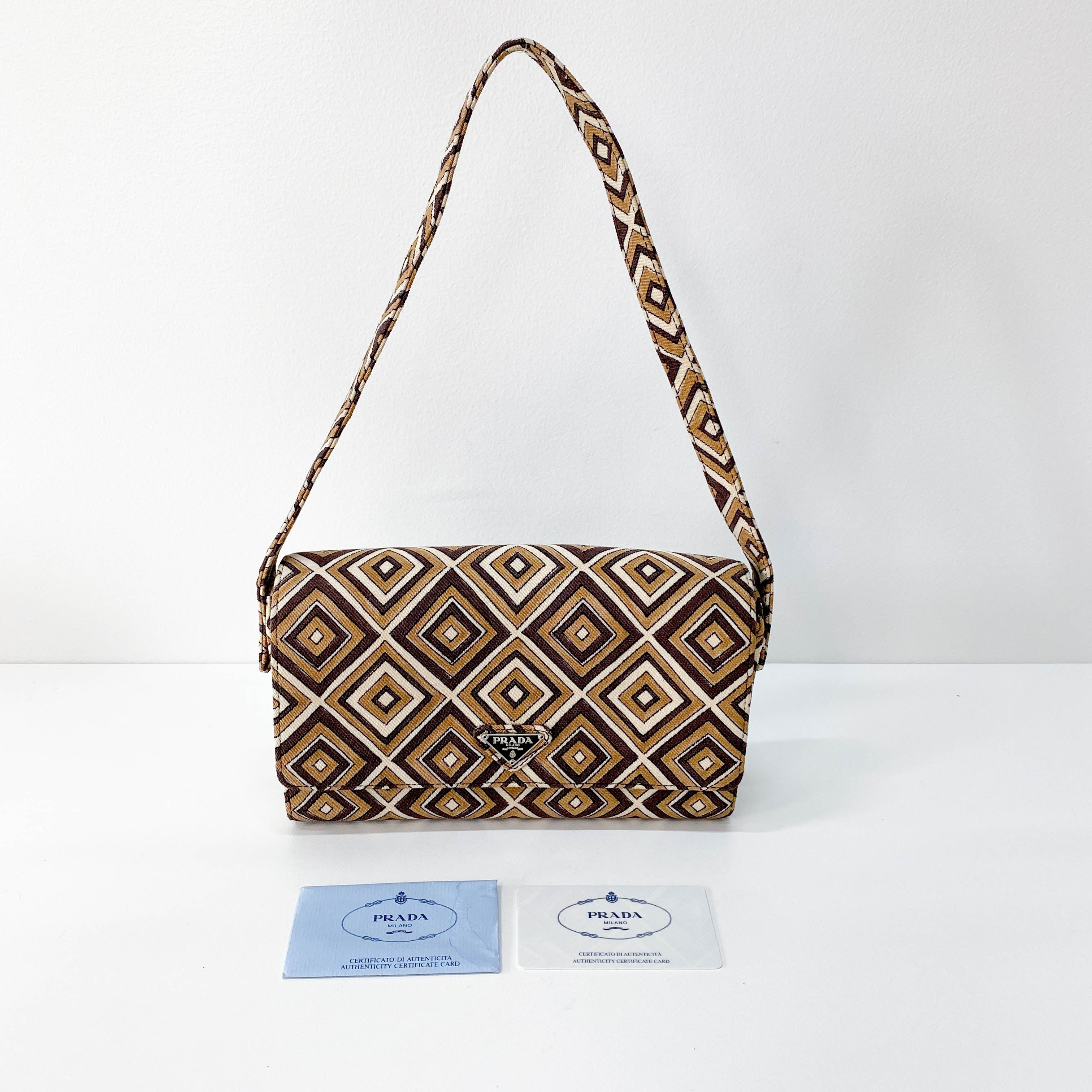 Brown Diamond Pattern Cotton Canvas Shoulder Bag