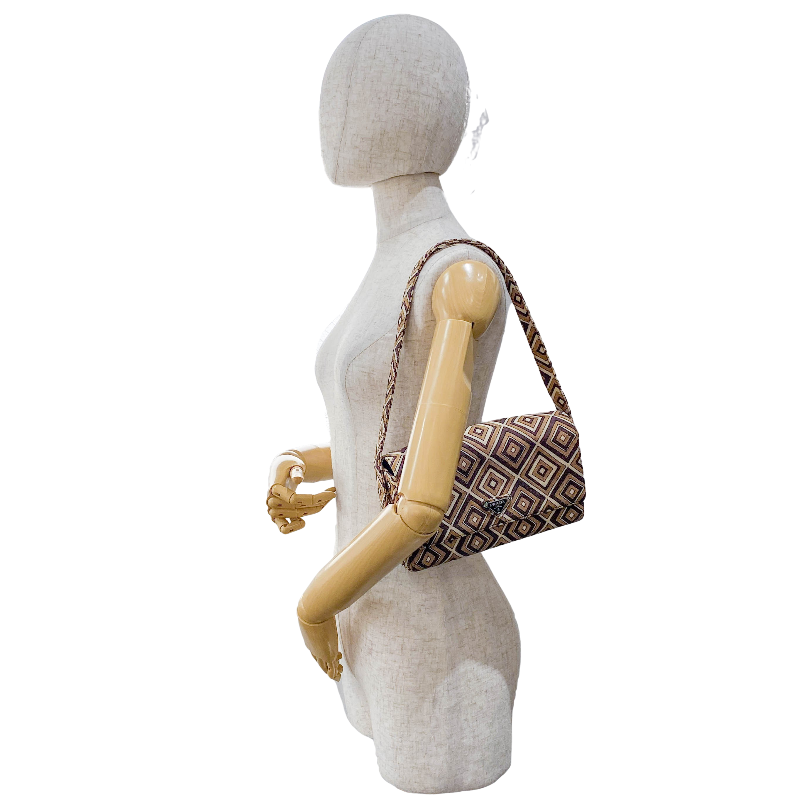 Brown Diamond Pattern Cotton Canvas Shoulder Bag