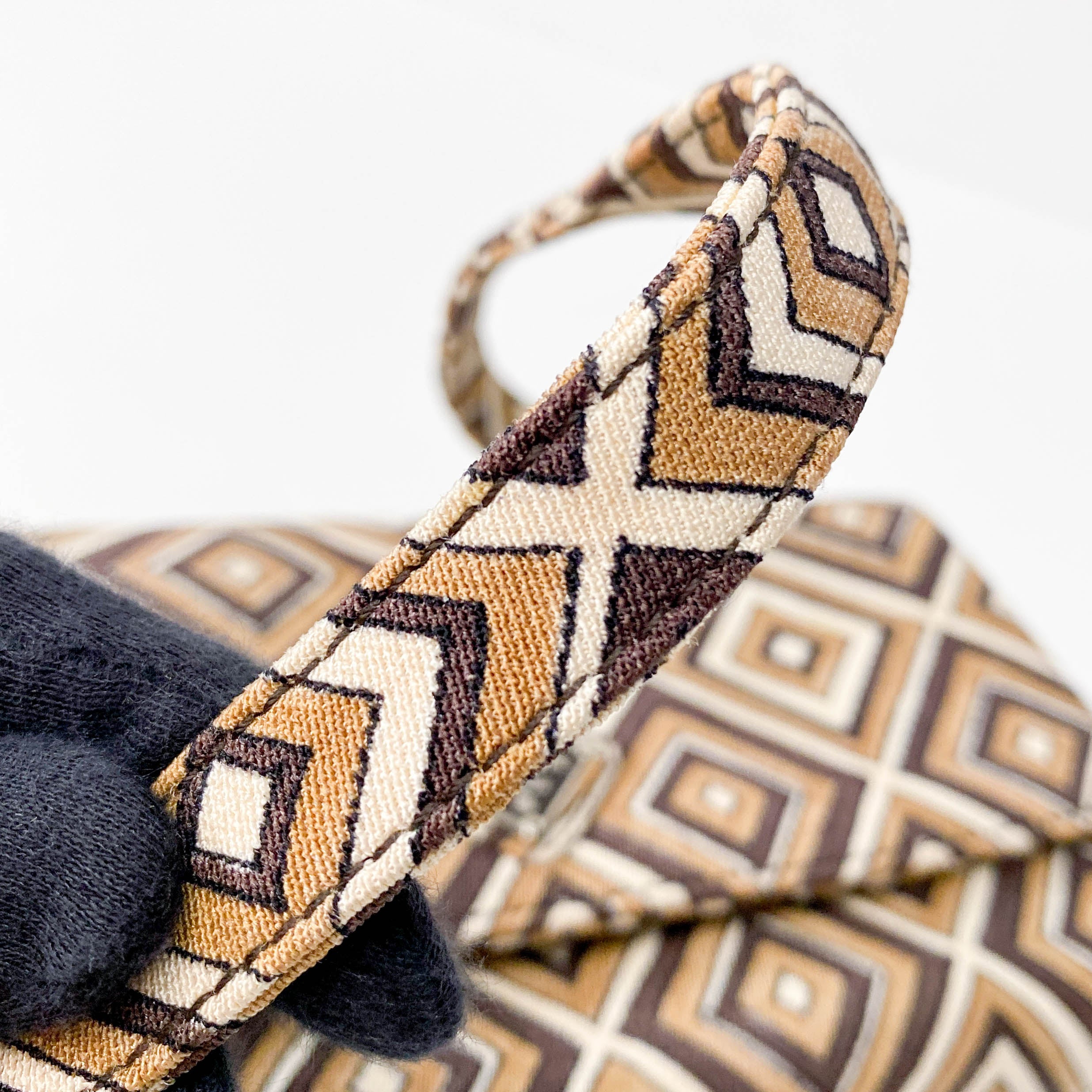 Brown Diamond Pattern Cotton Canvas Shoulder Bag