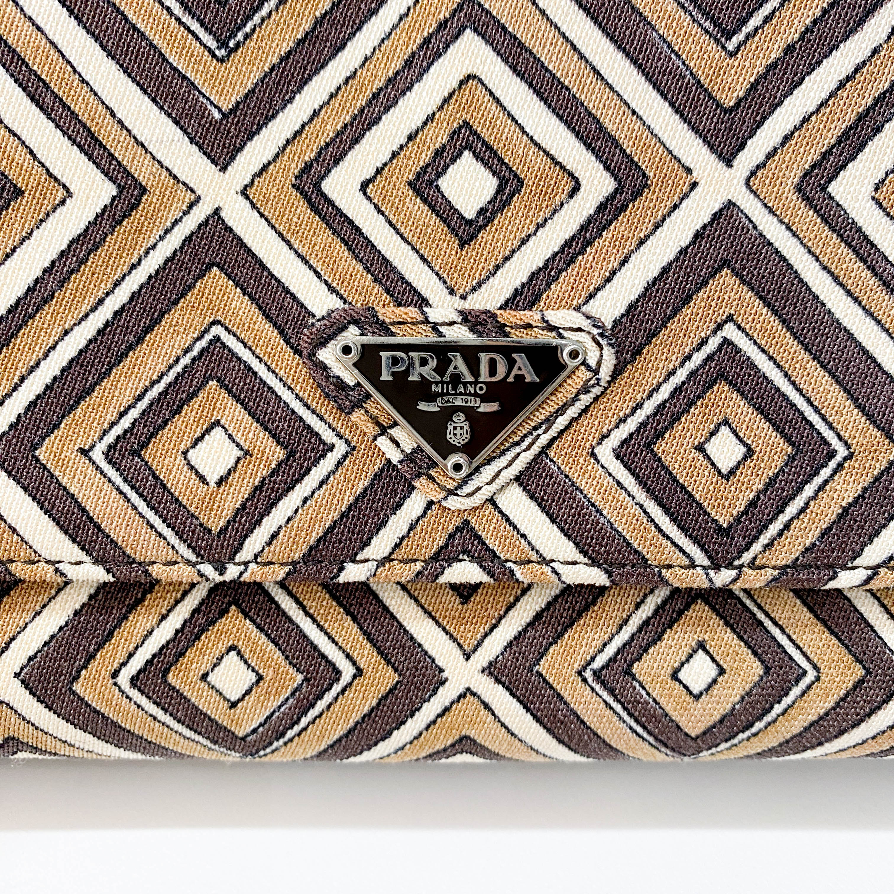 Brown Diamond Pattern Cotton Canvas Shoulder Bag