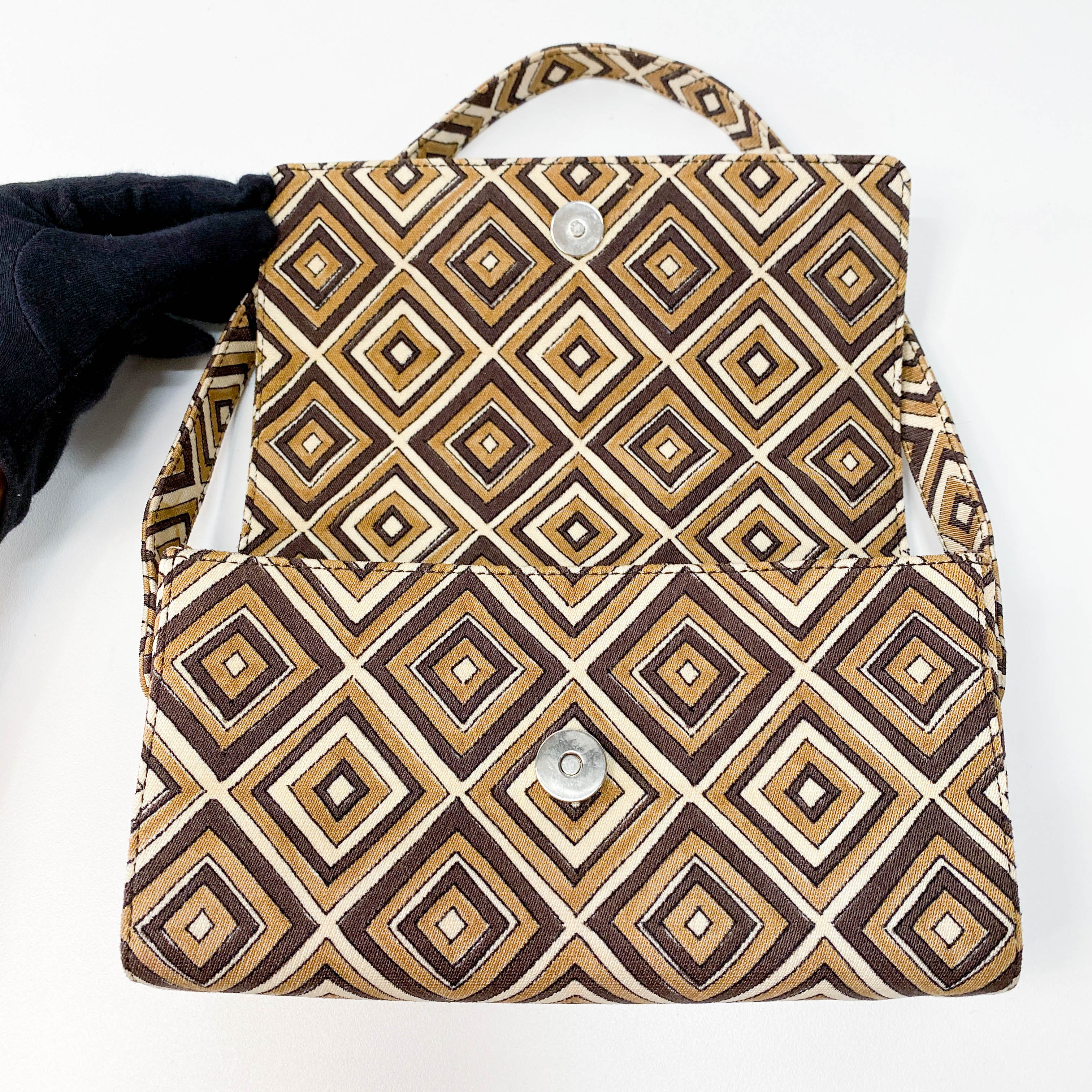Brown Diamond Pattern Cotton Canvas Shoulder Bag