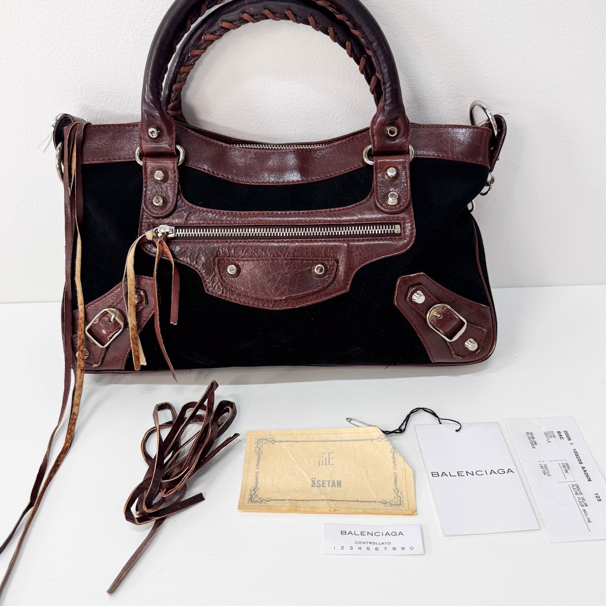 BALENCIAGA Black Suede & Brown Leather The First Handle Bag, in , Sold by HIVE PRELOVED - Handle Bags, Shoulder Bags,