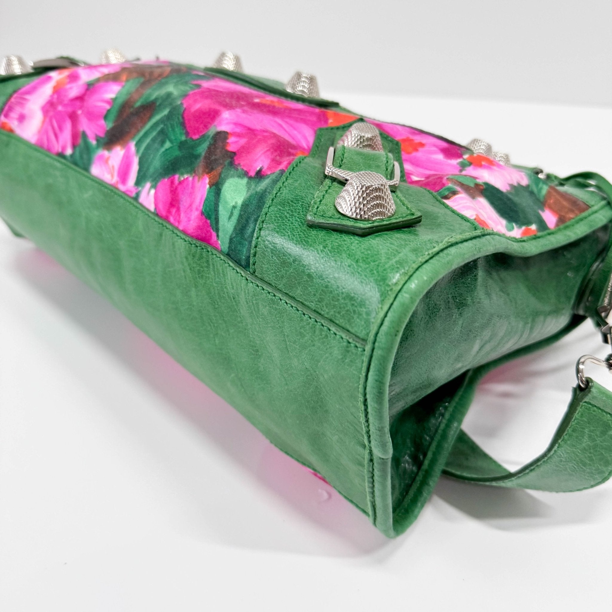 BALENCIAGA City Green Leather Floral Printed Nylon Hand Bag, in , Sold by HIVE PRELOVED - Handle Bags, Shoulder Bags,