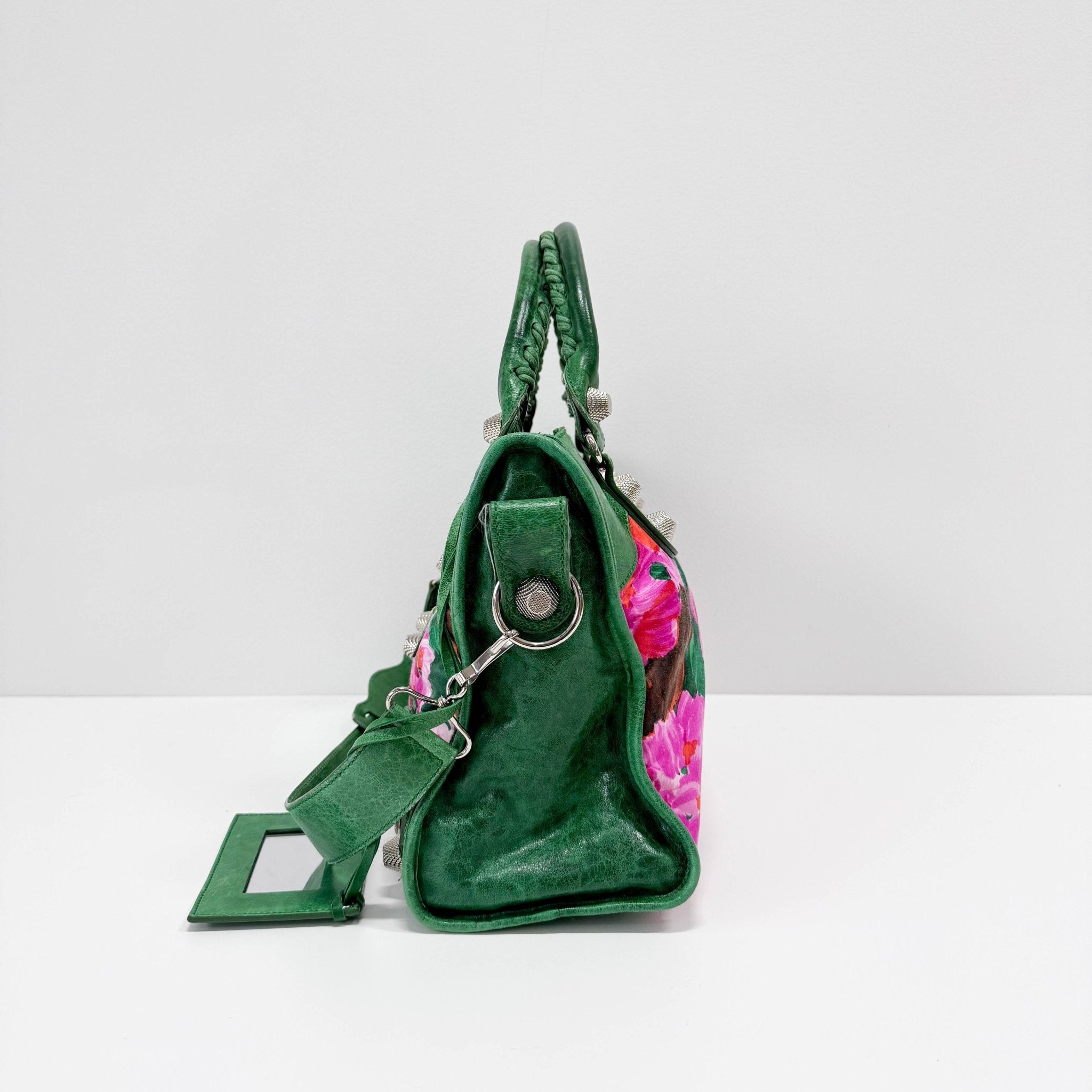 BALENCIAGA City Green Leather Floral Printed Nylon Hand Bag, in , Sold by HIVE PRELOVED - Handle Bags, Shoulder Bags,