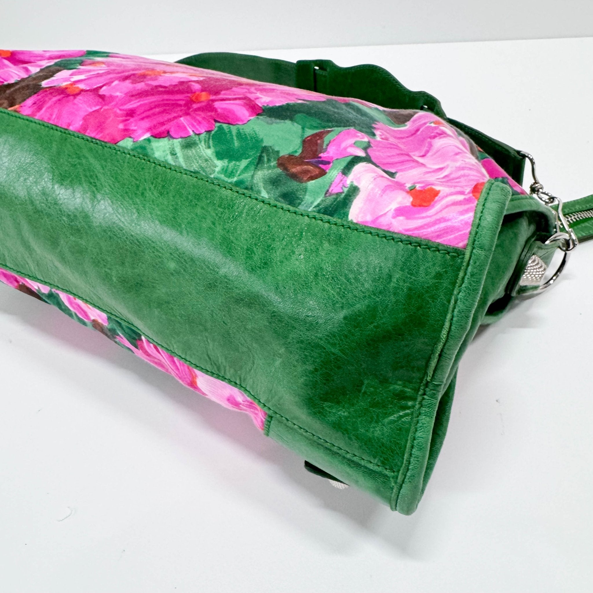 BALENCIAGA City Green Leather Floral Printed Nylon Hand Bag, in , Sold by HIVE PRELOVED - Handle Bags, Shoulder Bags,