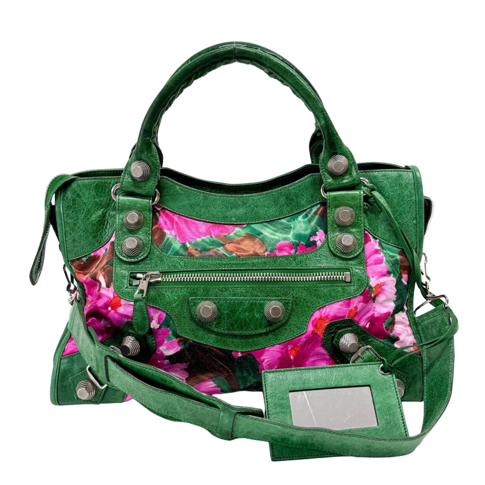 BALENCIAGA City Green Leather Floral Printed Nylon Hand Bag, in , Sold by HIVE PRELOVED - Handle Bags, Shoulder Bags,