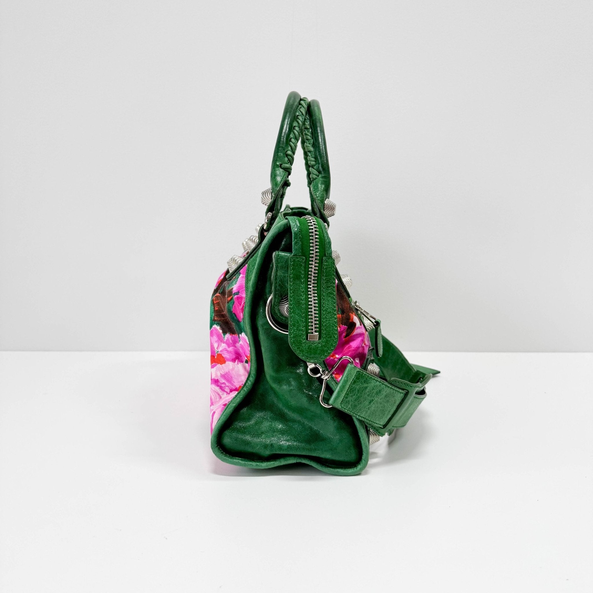 BALENCIAGA City Green Leather Floral Printed Nylon Hand Bag, in , Sold by HIVE PRELOVED - Handle Bags, Shoulder Bags,
