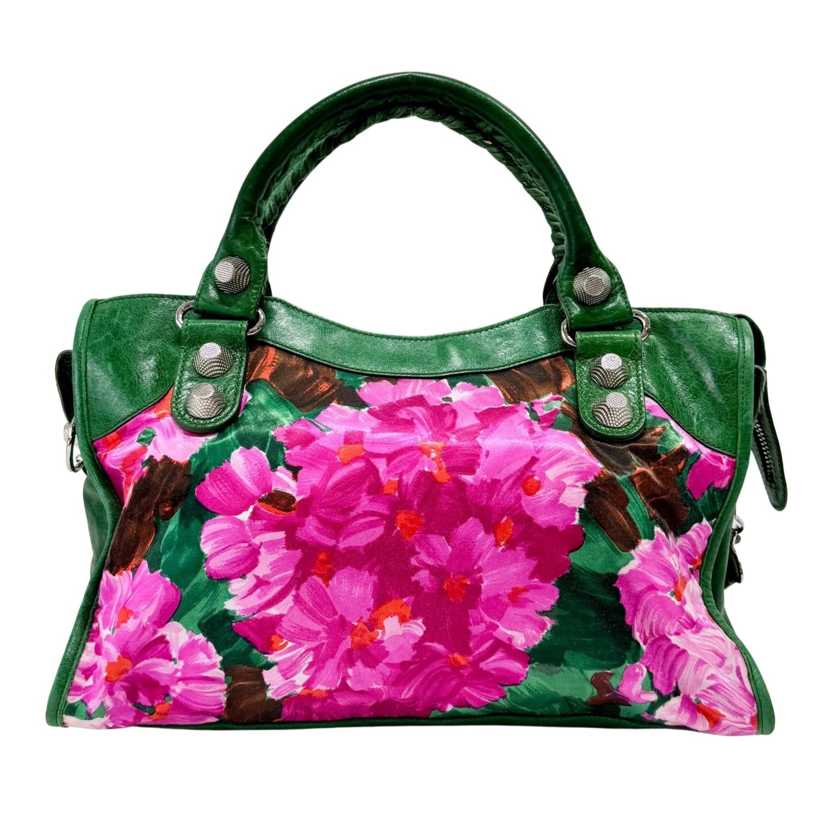 BALENCIAGA City Green Leather Floral Printed Nylon Hand Bag, in , Sold by HIVE PRELOVED - Handle Bags, Shoulder Bags,