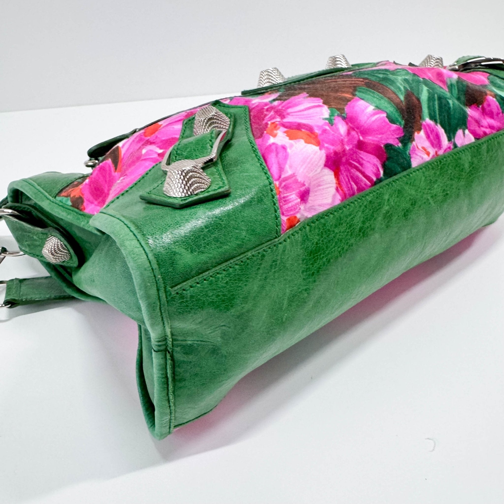 BALENCIAGA City Green Leather Floral Printed Nylon Hand Bag, in , Sold by HIVE PRELOVED - Handle Bags, Shoulder Bags,
