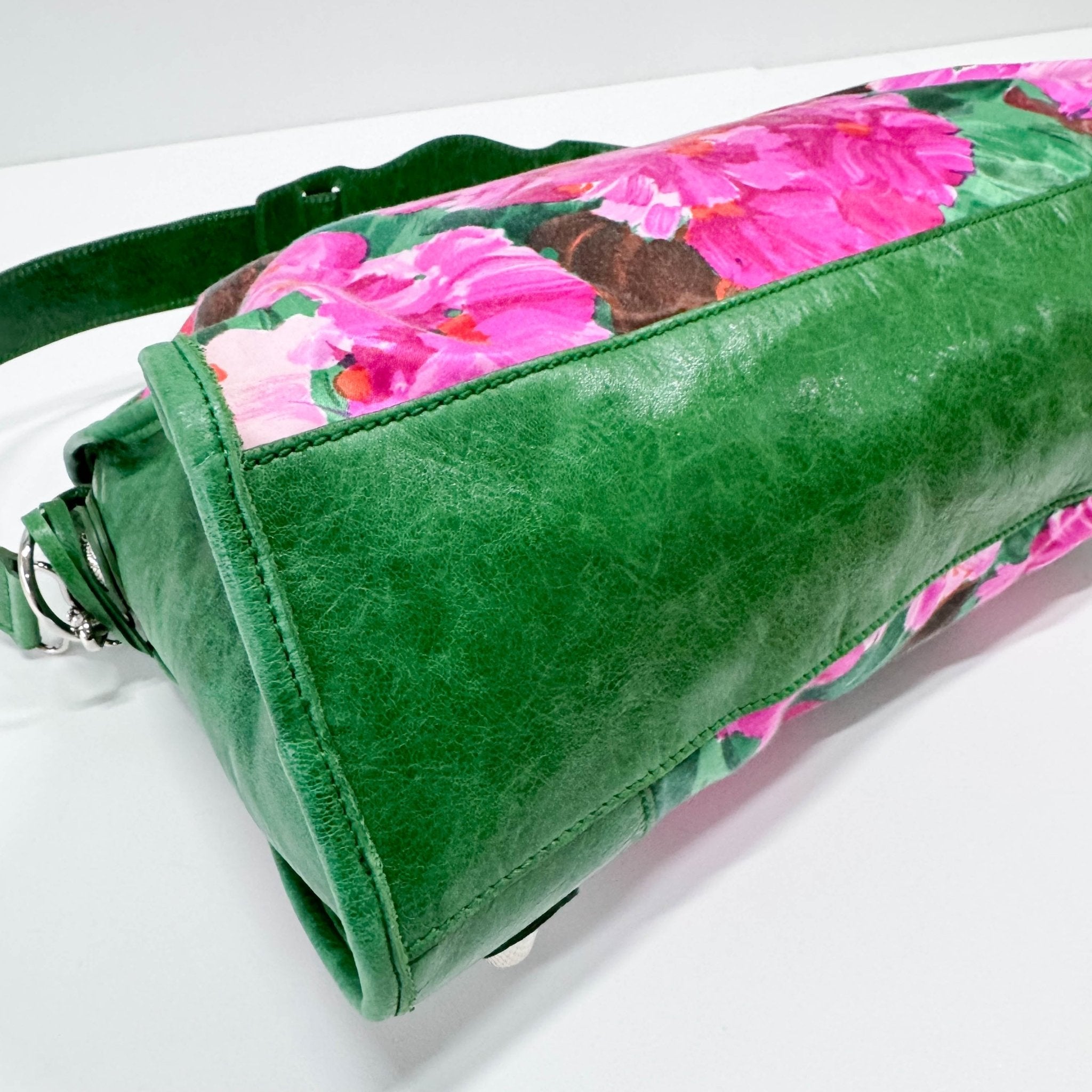 BALENCIAGA City Green Leather Floral Printed Nylon Hand Bag, in , Sold by HIVE PRELOVED - Handle Bags, Shoulder Bags,