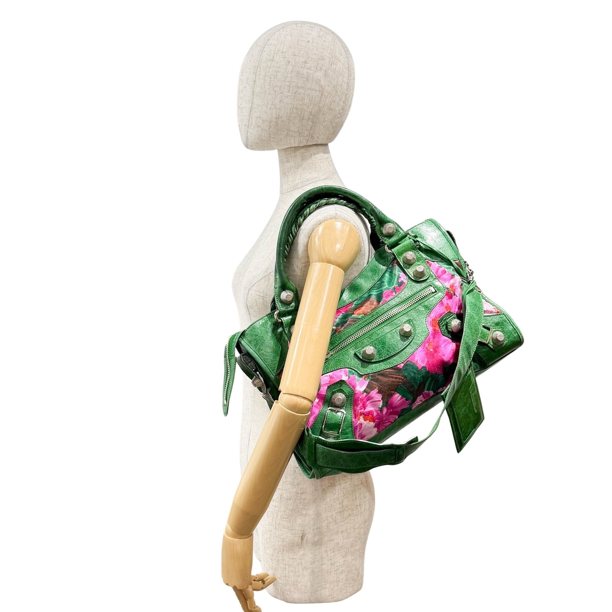 BALENCIAGA City Green Leather Floral Printed Nylon Hand Bag, in , Sold by HIVE PRELOVED - Handle Bags, Shoulder Bags,