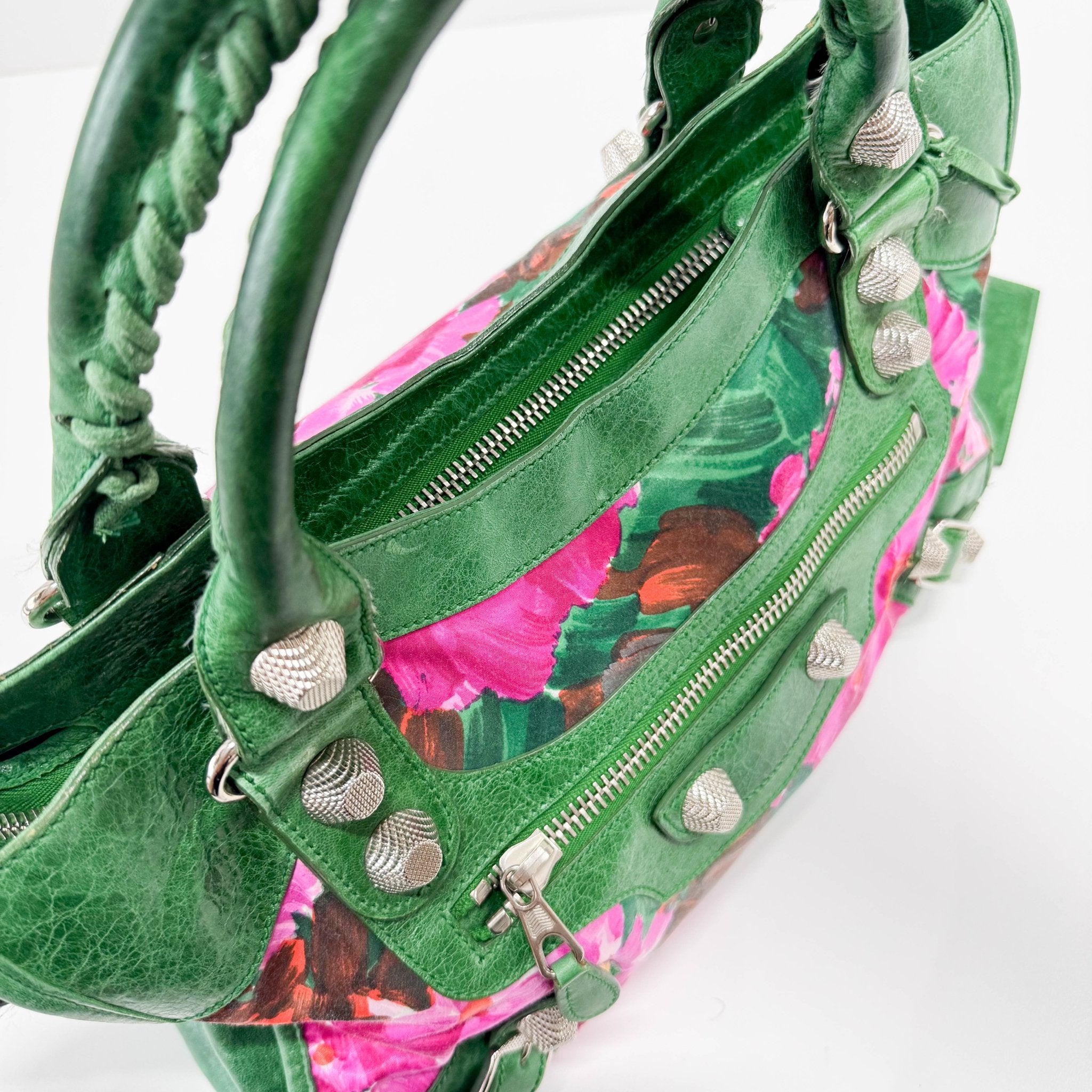 BALENCIAGA City Green Leather Floral Printed Nylon Hand Bag, in , Sold by HIVE PRELOVED - Handle Bags, Shoulder Bags,