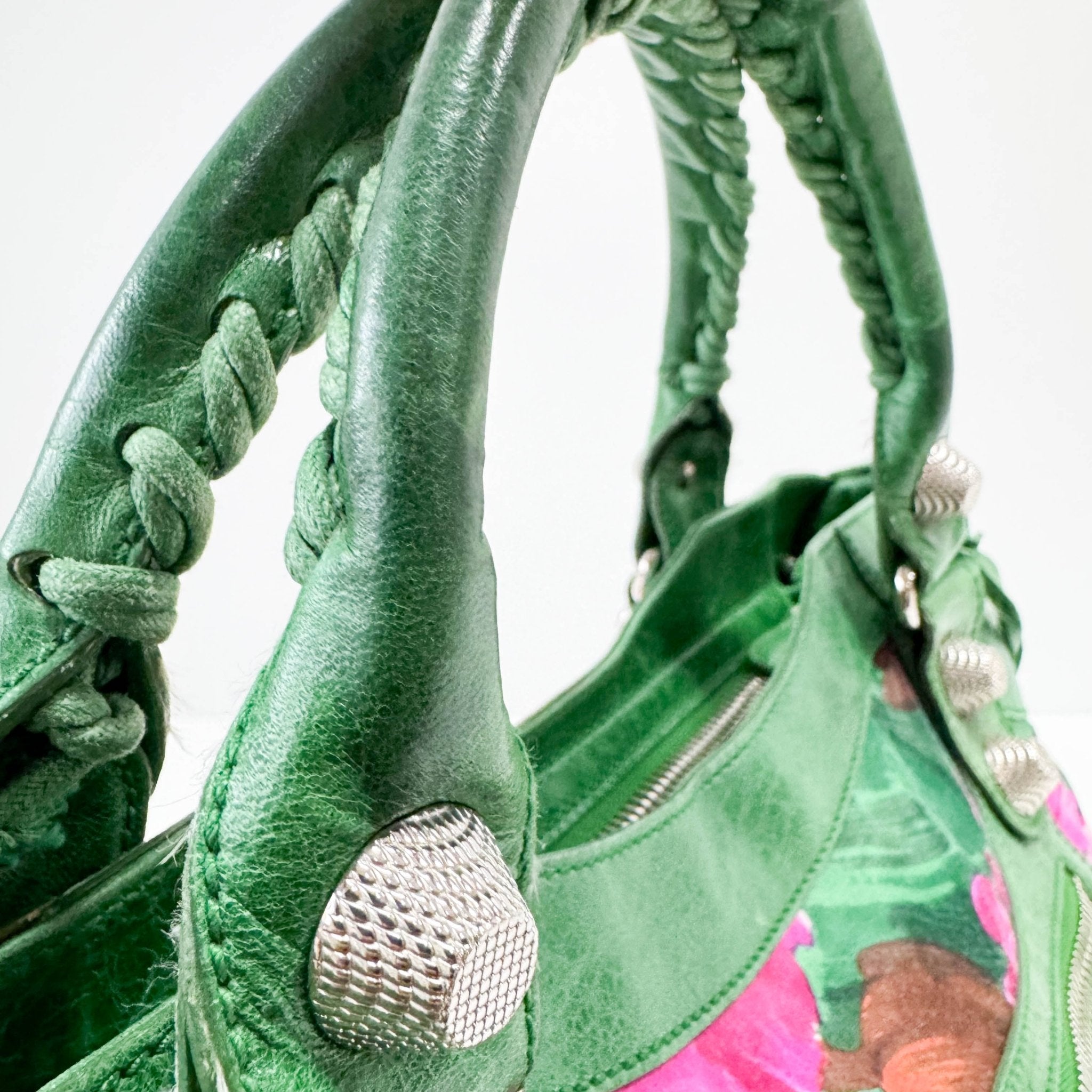BALENCIAGA City Green Leather Floral Printed Nylon Hand Bag, in , Sold by HIVE PRELOVED - Handle Bags, Shoulder Bags,