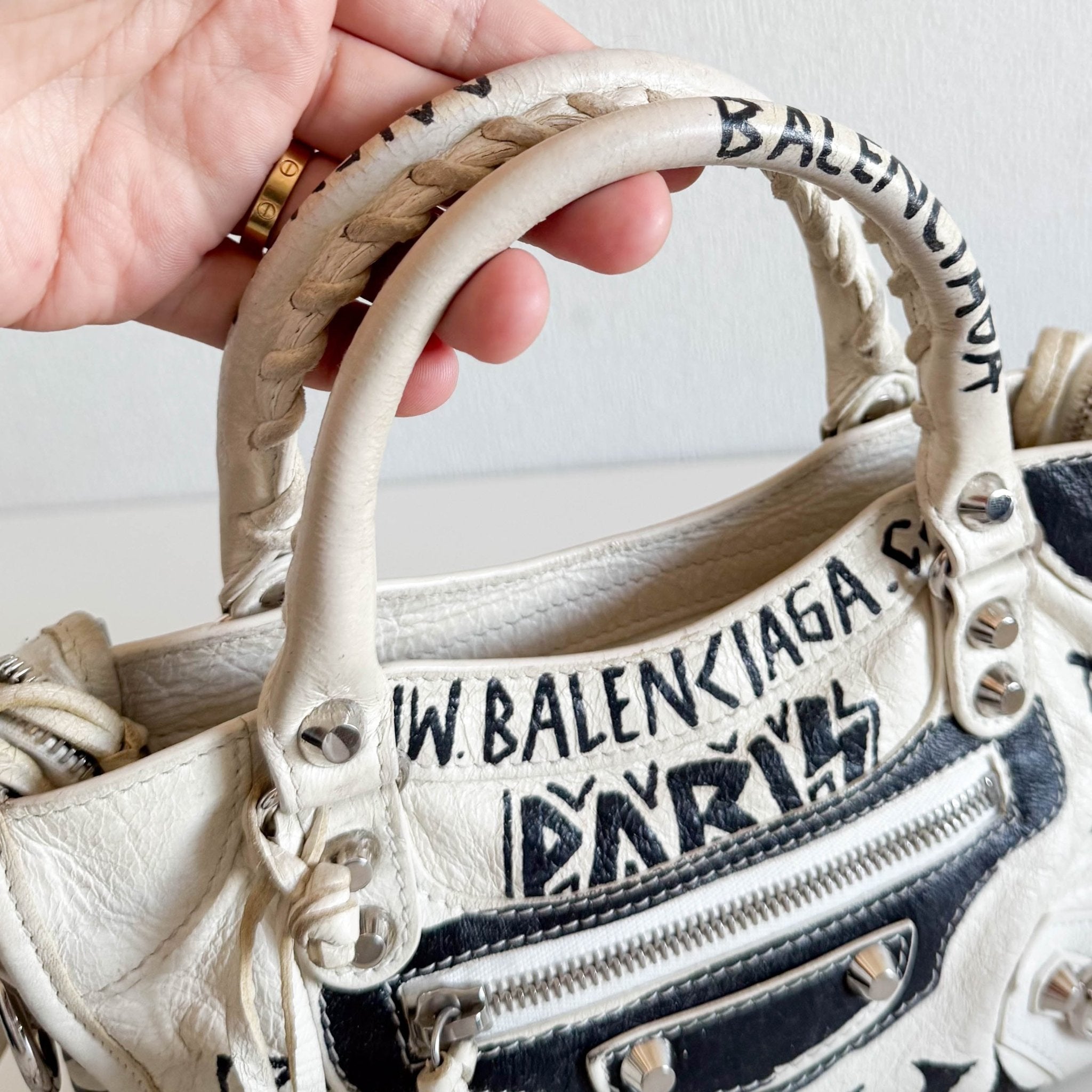 BALENCIAGA City Mini Black Graffiti White Leather Shoulder Bag, in , Sold by HIVE PRELOVED - Mini bags, Shoulder Bags,