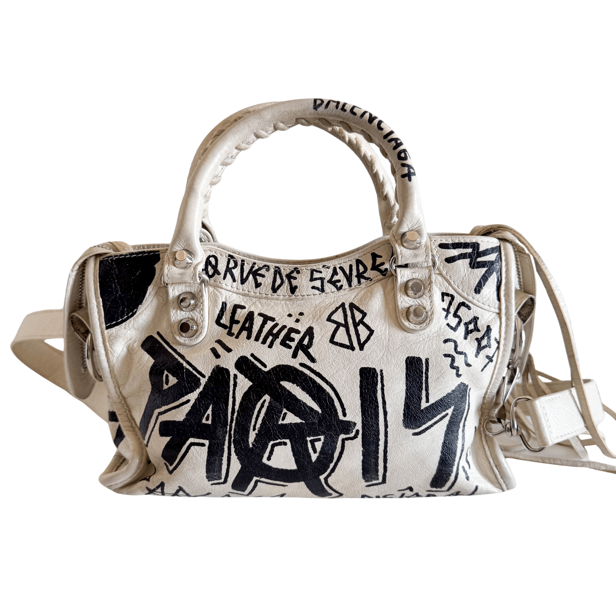 BALENCIAGA City Mini Black Graffiti White Leather Shoulder Bag, in , Sold by HIVE PRELOVED - Mini bags, Shoulder Bags,