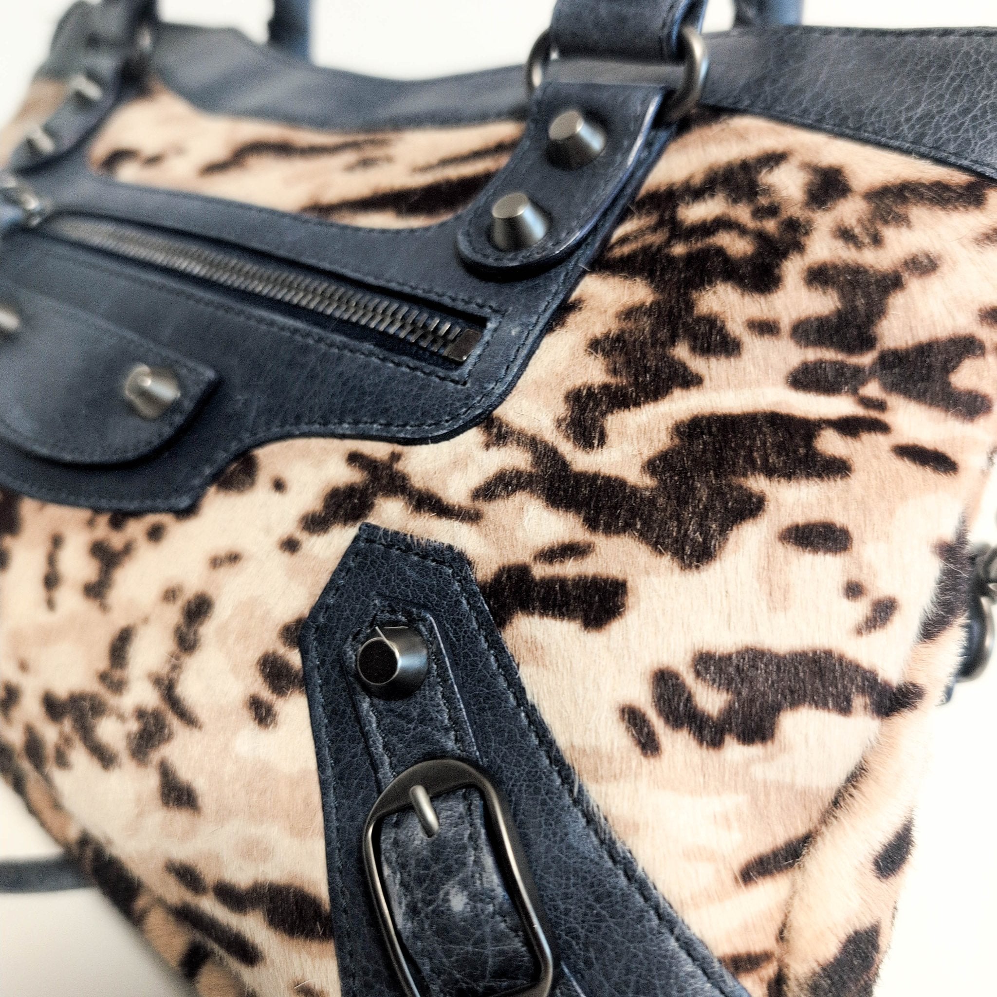BALENCIAGA City The First Leopard Pony Hair with Navy Leather Handbag, in , Sold by HIVE PRELOVED - Handle Bags, Shoulder Bag