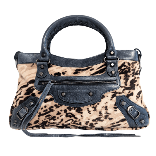 BALENCIAGA City The First Leopard Pony Hair with Navy Leather Handbag, in , Sold by HIVE PRELOVED - Handle Bags, Shoulder Bags,