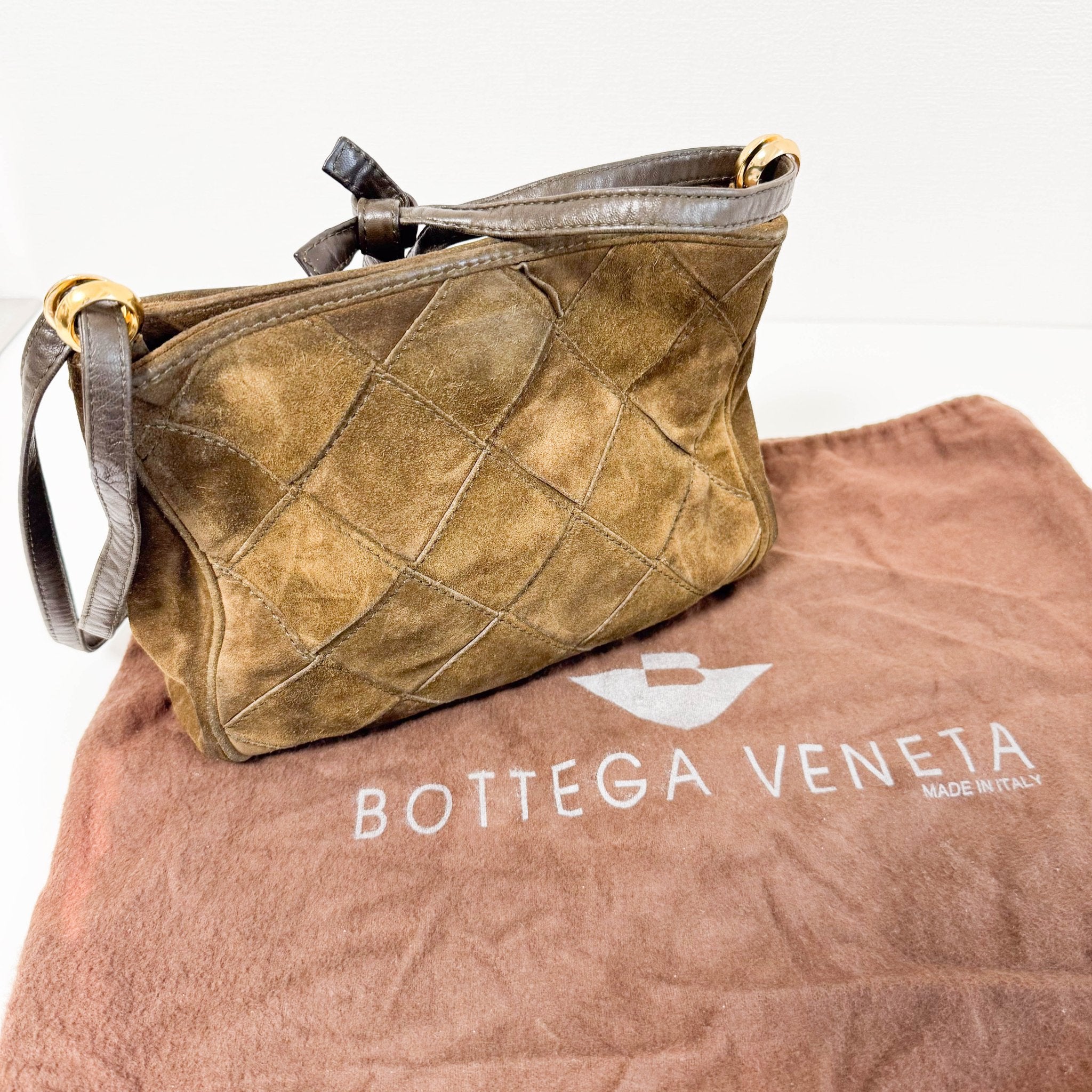 BOTTEGA VENETA Intrecciato Kahki Brown Suede Shoulder Bag, in , Sold by HIVE PRELOVED - Shoulder Bags, ,