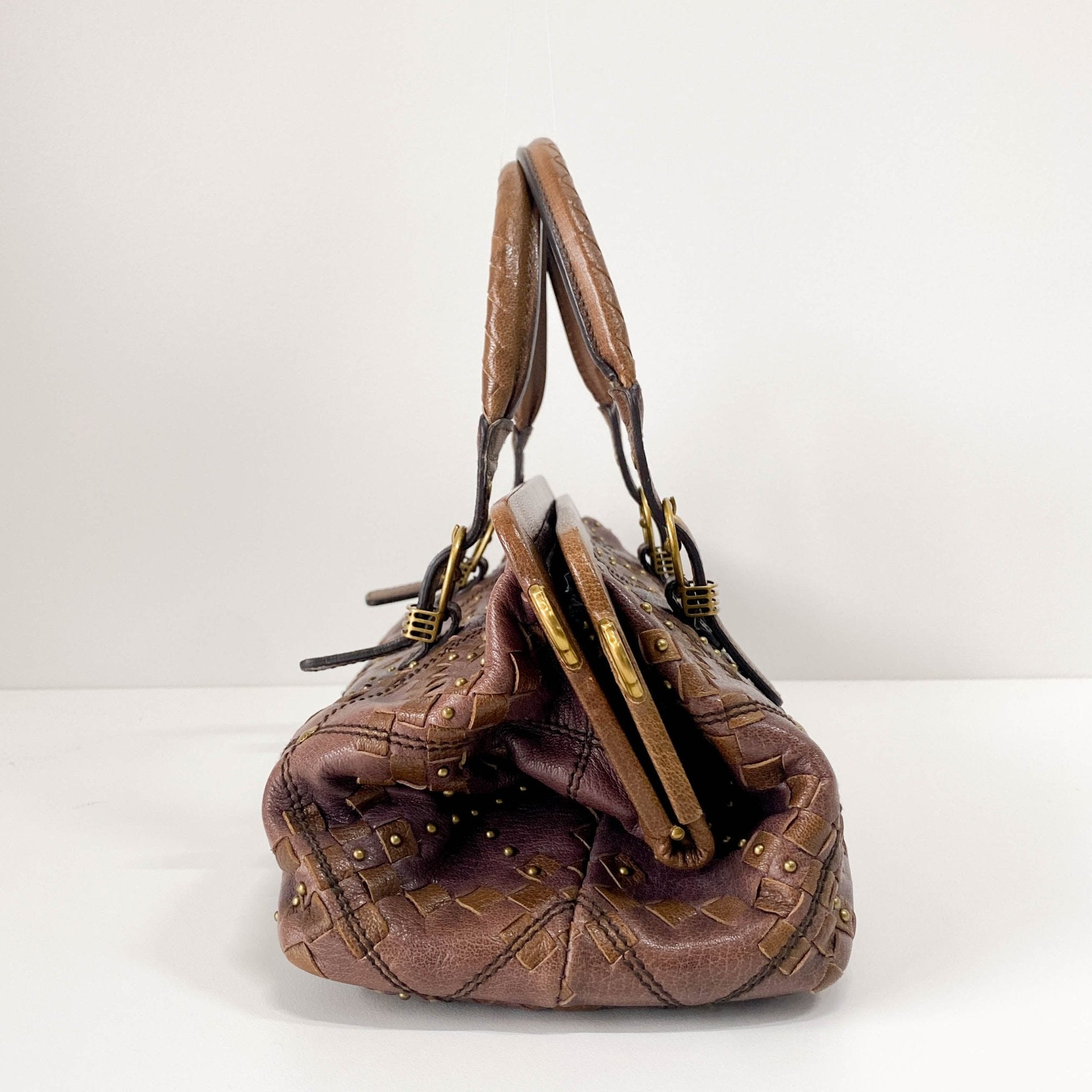 BOTTEGA VENETA Intrecciato & Studs Brown Leather Handle Bag, in , Sold by HIVE PRELOVED - Handle Bags, ,