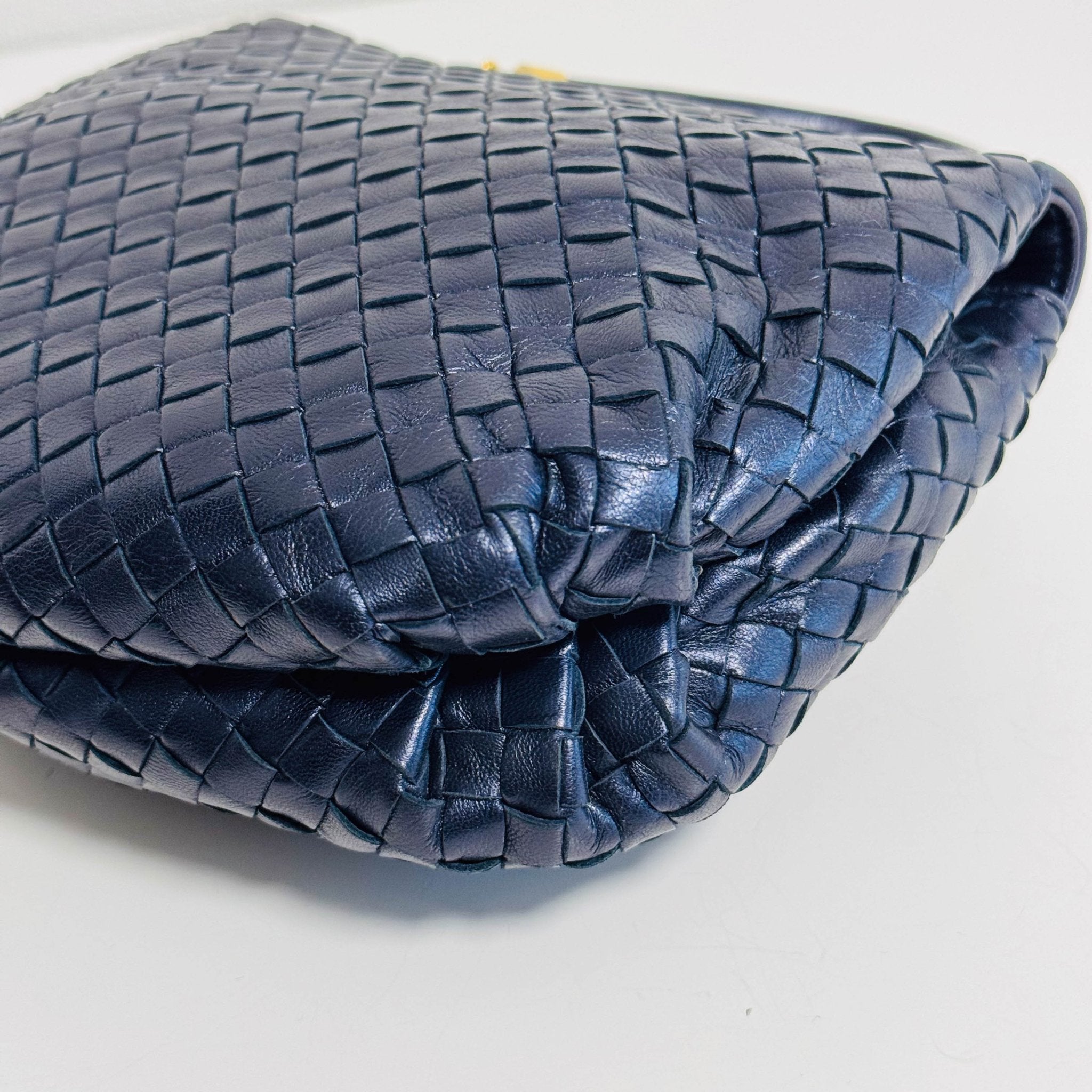BOTTEGA VENETA Vintage Intrecciato Metalic Navy Leather Handbag, in , Sold by HIVE PRELOVED - Handle Bags, ,