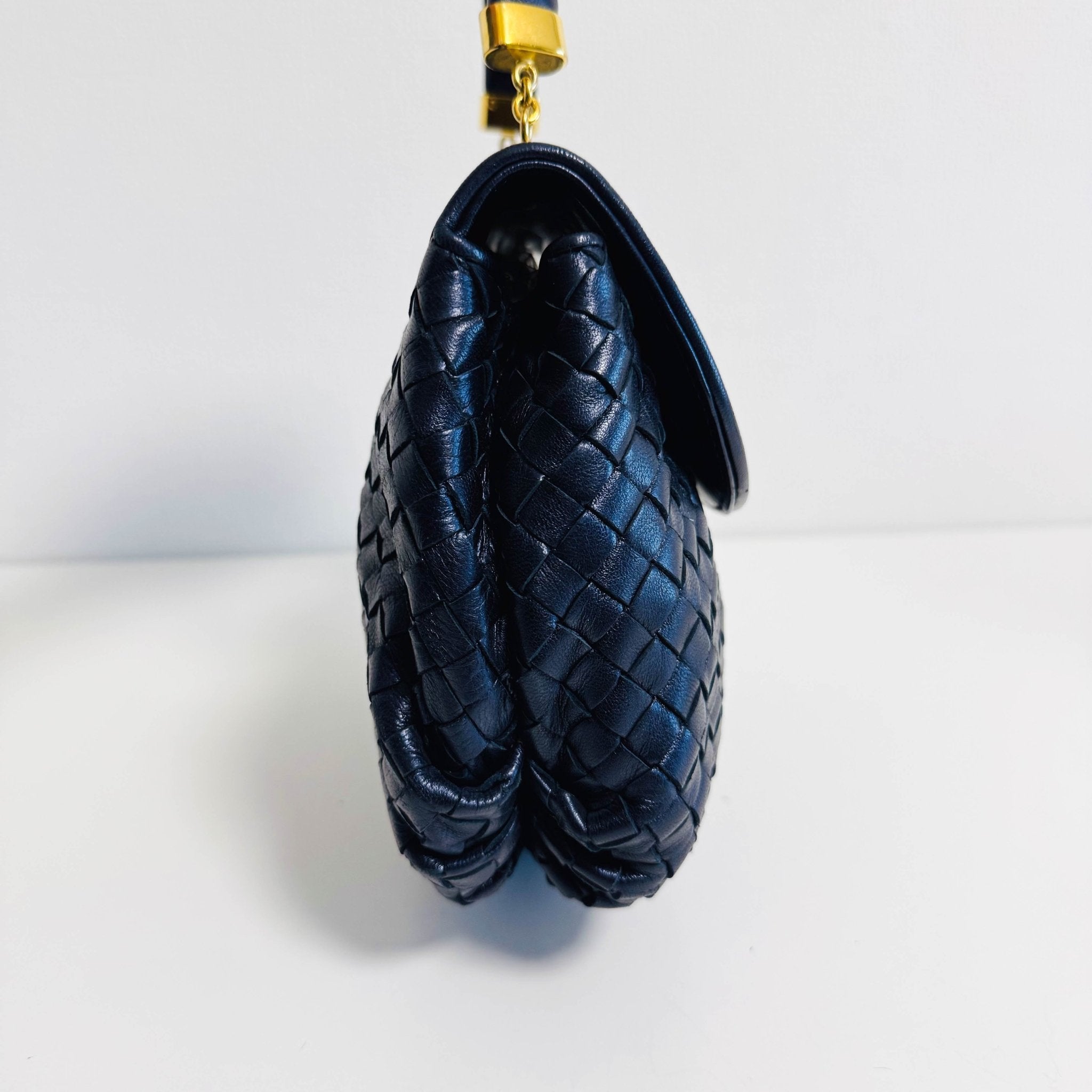BOTTEGA VENETA Vintage Intrecciato Metalic Navy Leather Handbag, in , Sold by HIVE PRELOVED - Handle Bags, ,