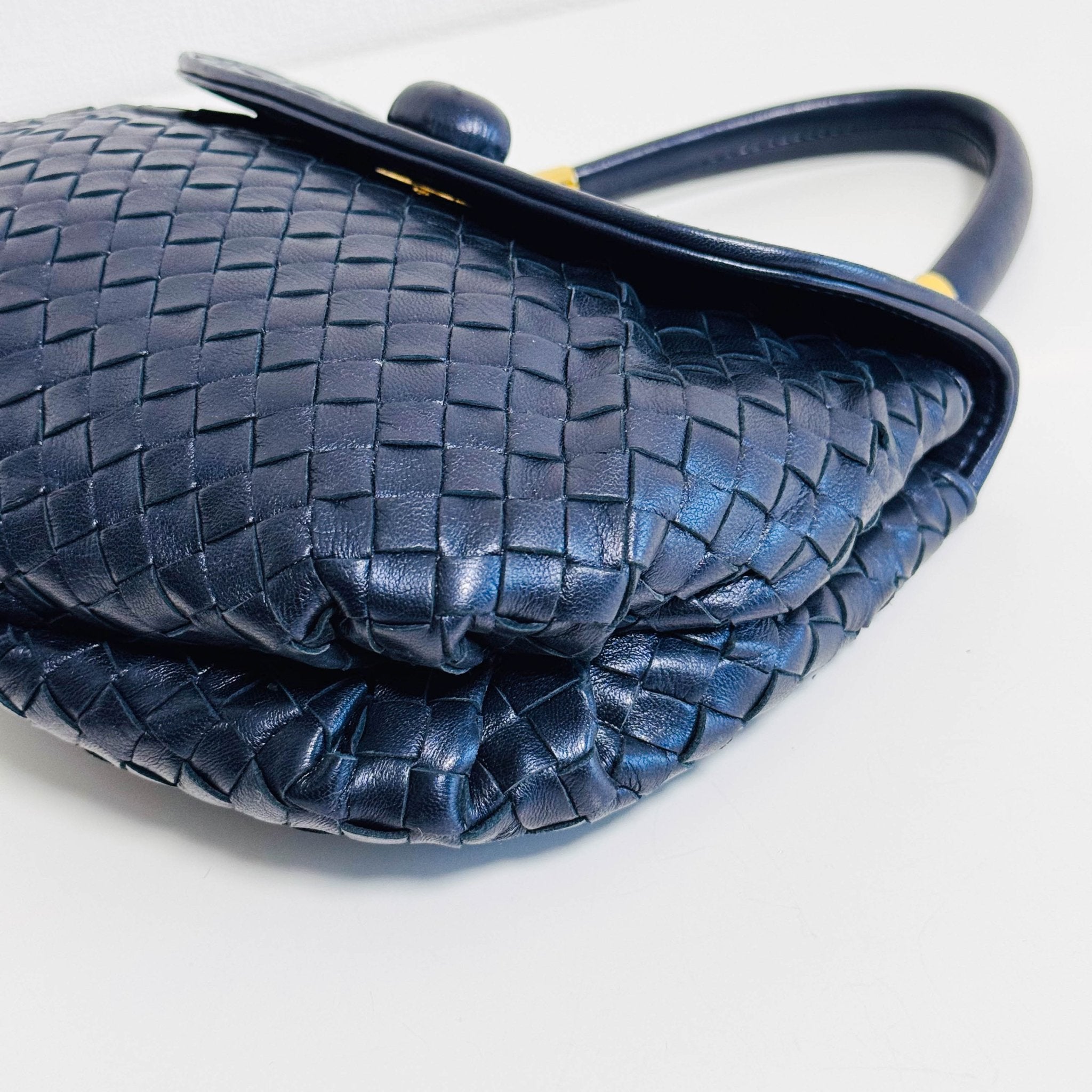 BOTTEGA VENETA Vintage Intrecciato Metalic Navy Leather Handbag, in , Sold by HIVE PRELOVED - Handle Bags, ,