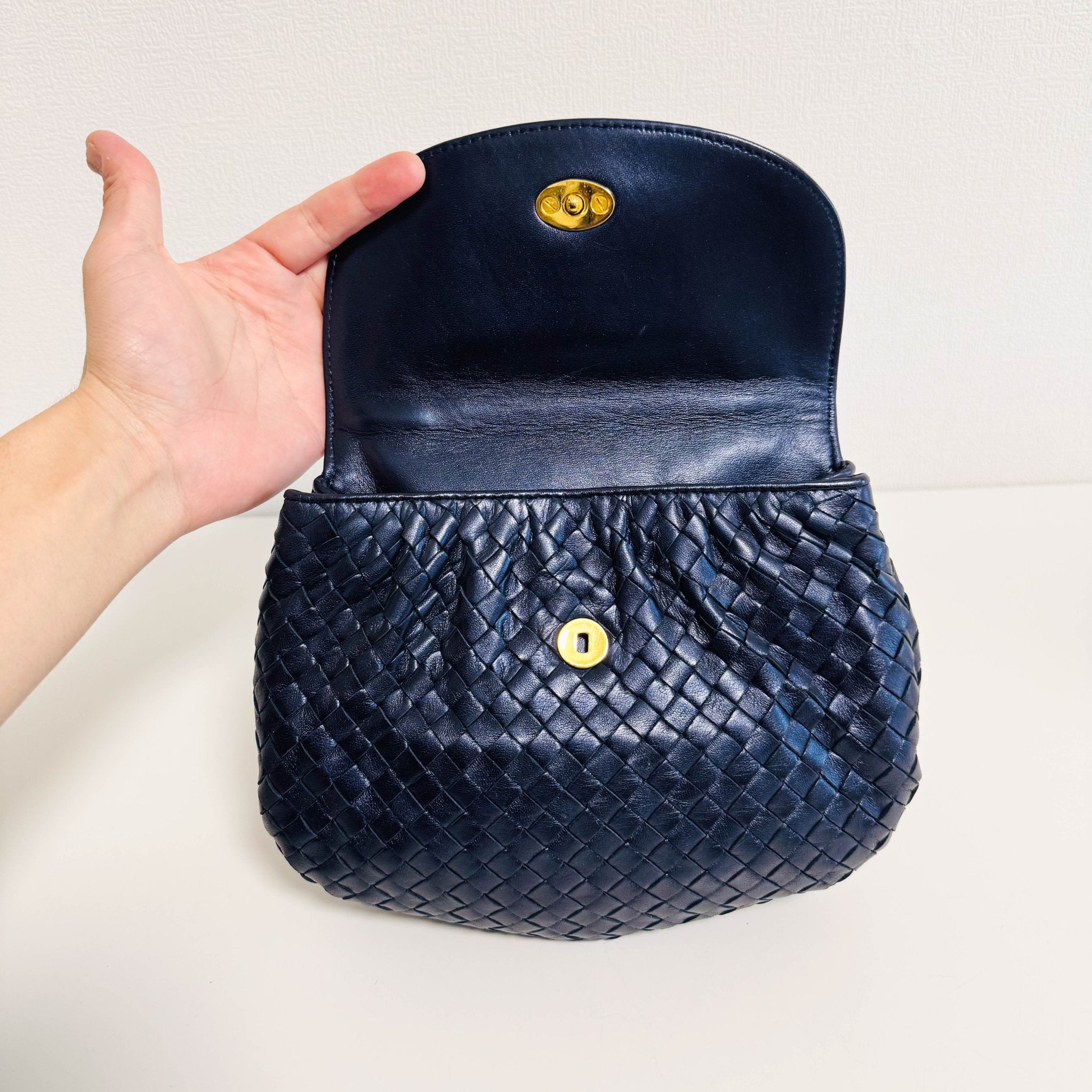 BOTTEGA VENETA Vintage Intrecciato Metalic Navy Leather Handbag, in , Sold by HIVE PRELOVED - Handle Bags, ,