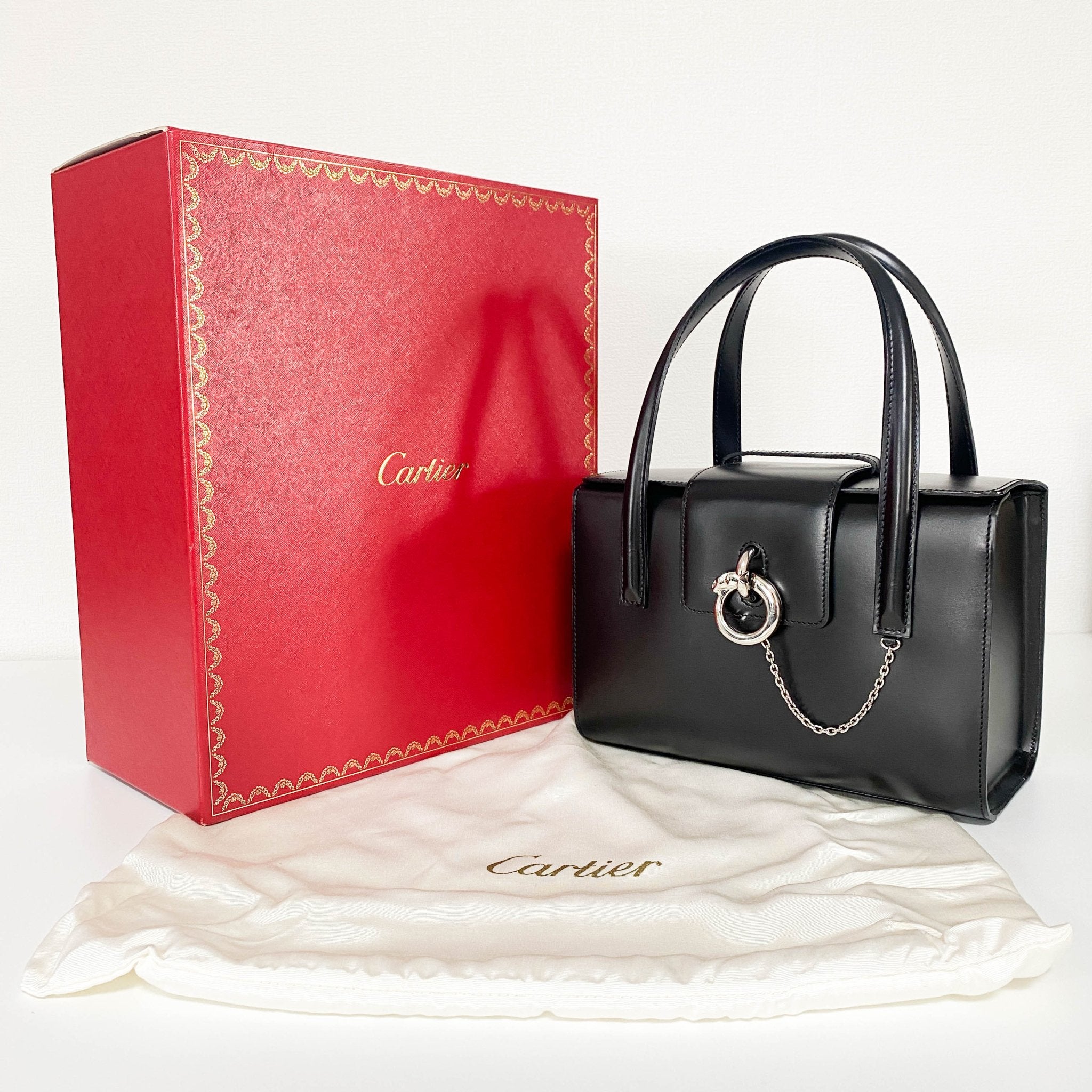 CARTIER Panthère de Cartie Black Box Calf Leather Top Handle Bag Silver Hardware, in , Sold by HIVE PRELOVED - Handle Bags, ,