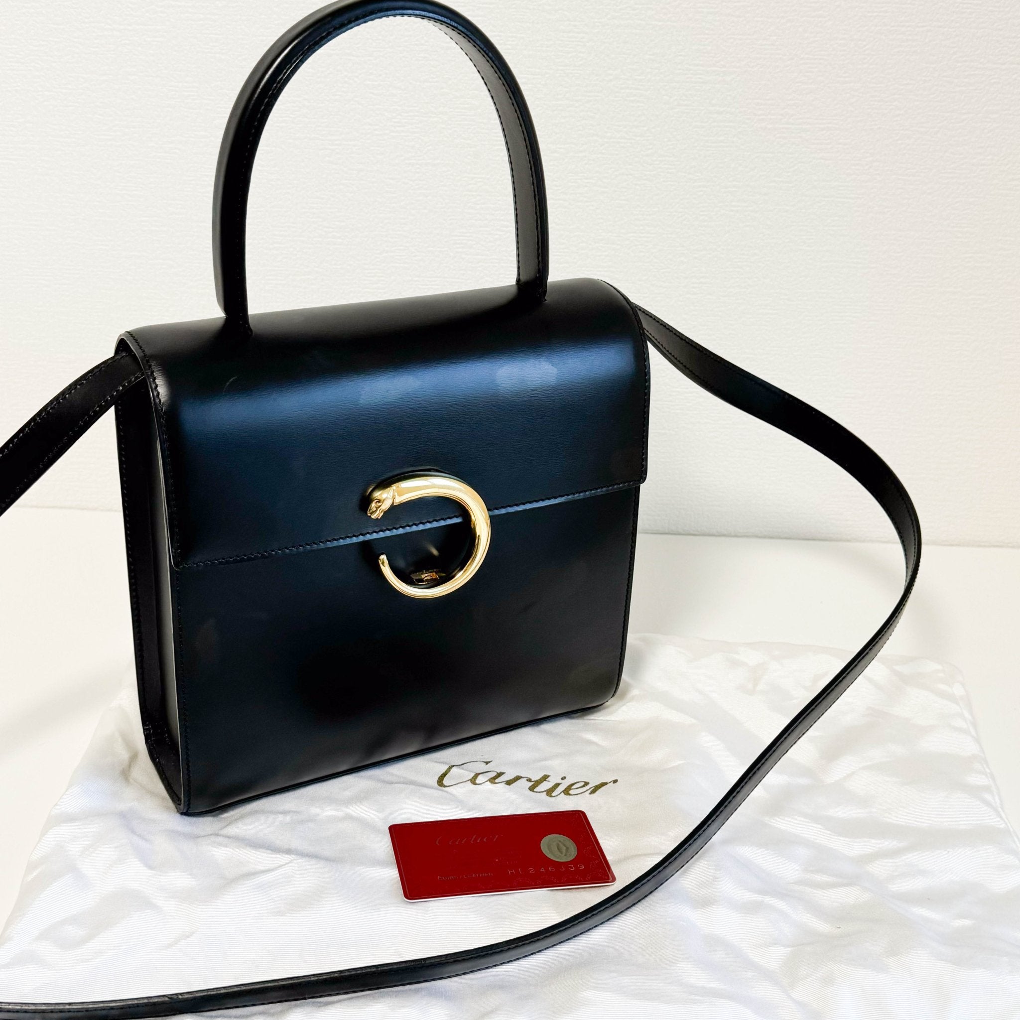 CARTIER Panthère de Cartie Black Calf Leather Top Handle / Crossbody Bag Gold Hardware, in , Sold by HIVE PRELOVED - Handle Bags, Shoulder Bags,