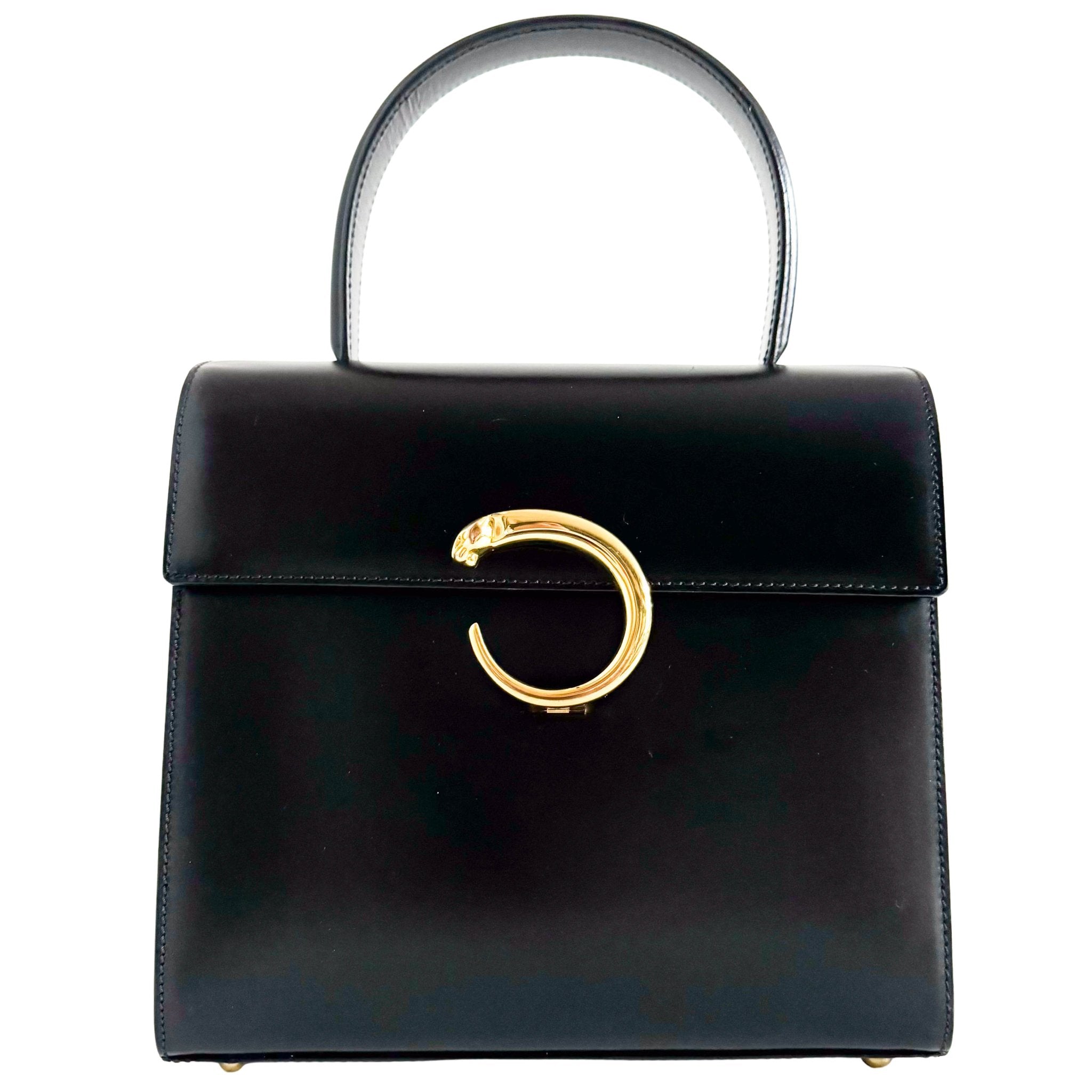 CARTIER Panthère de Cartie Black Calf Leather Top Handle / Crossbody Bag Gold Hardware, in , Sold by HIVE PRELOVED - Crossbody bags, Handle Bags,