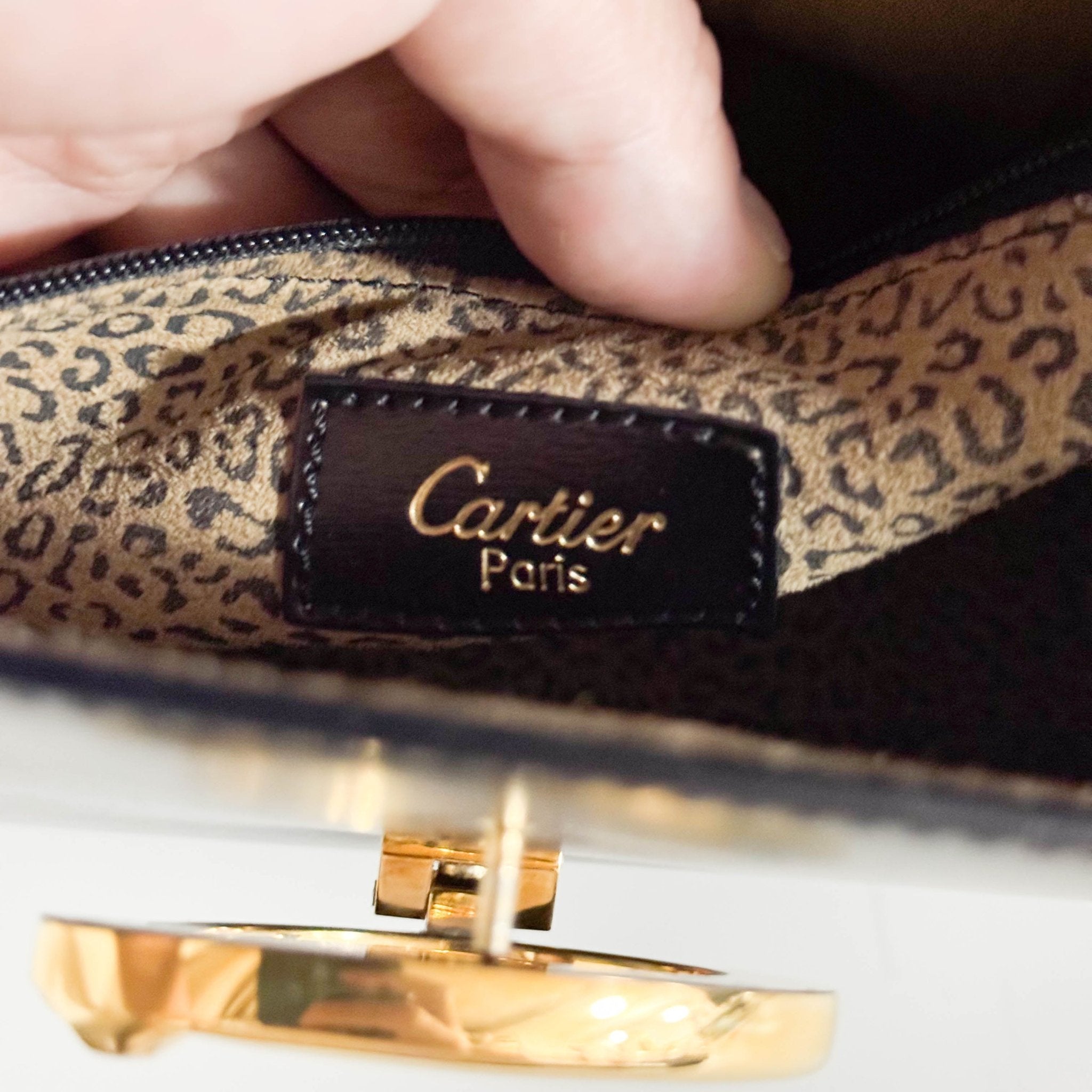 CARTIER Panthère de Cartie Black Calf Leather Top Handle / Crossbody Bag Gold Hardware, in , Sold by HIVE PRELOVED - Crossbody bags, Handle Bags,