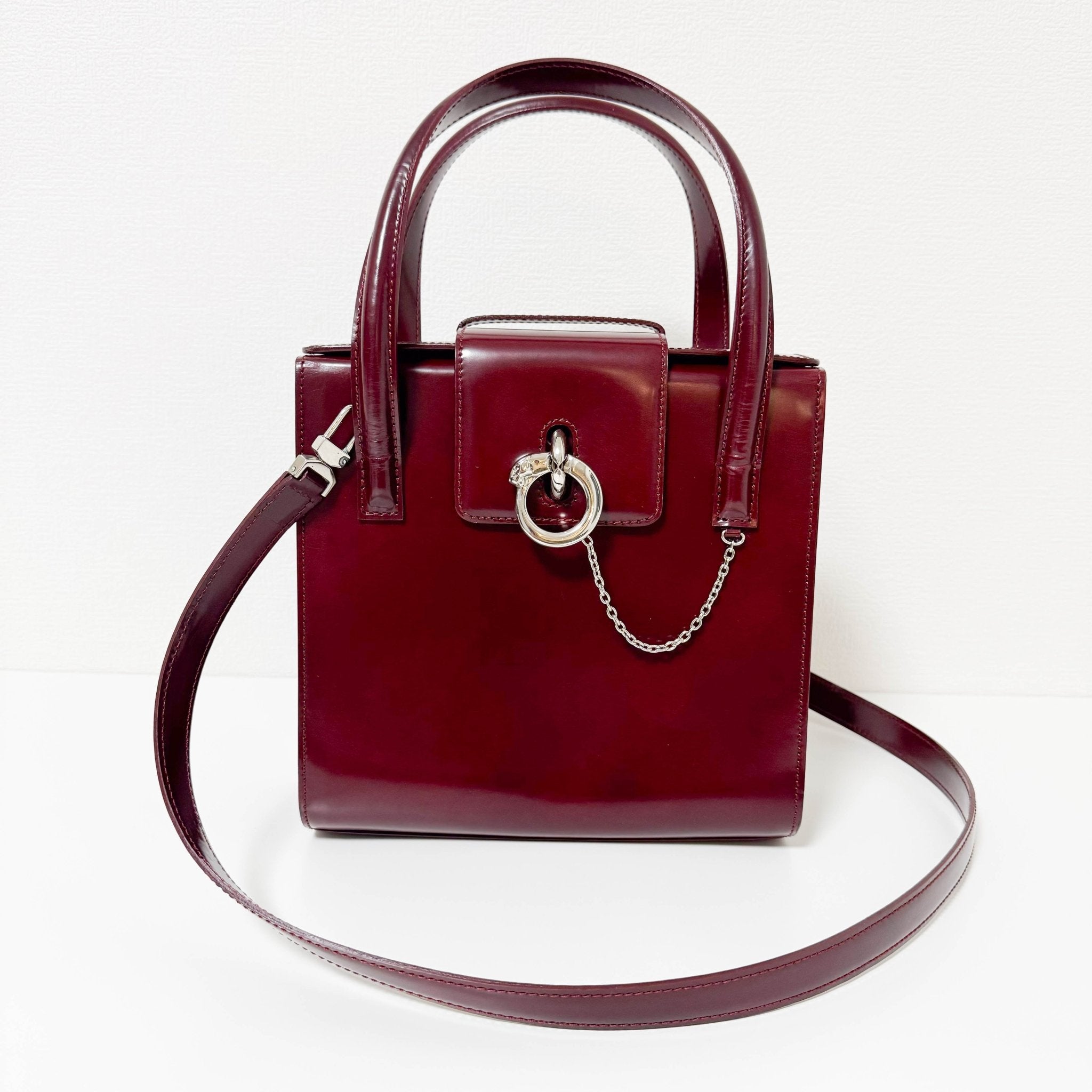 Cartier Panthère Silver Metal Bordeaux Leather Top Handle Shoulder Bag, in , Sold by HIVE PRELOVED - Handle Bag, Shoulder Bag
