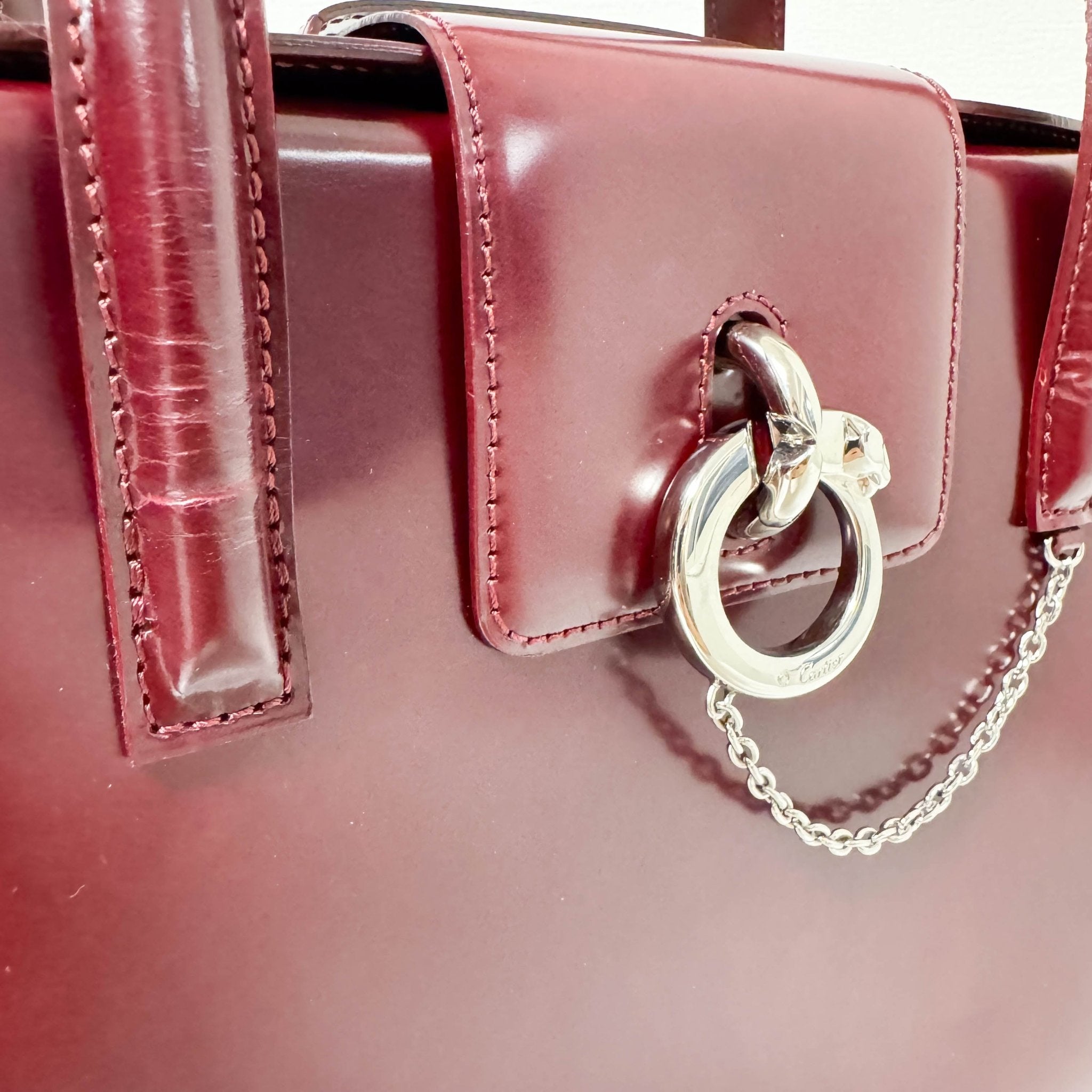 Cartier Panthère Silver Metal Bordeaux Leather Top Handle Shoulder Bag, in , Sold by HIVE PRELOVED - Handle Bag, Shoulder Bag