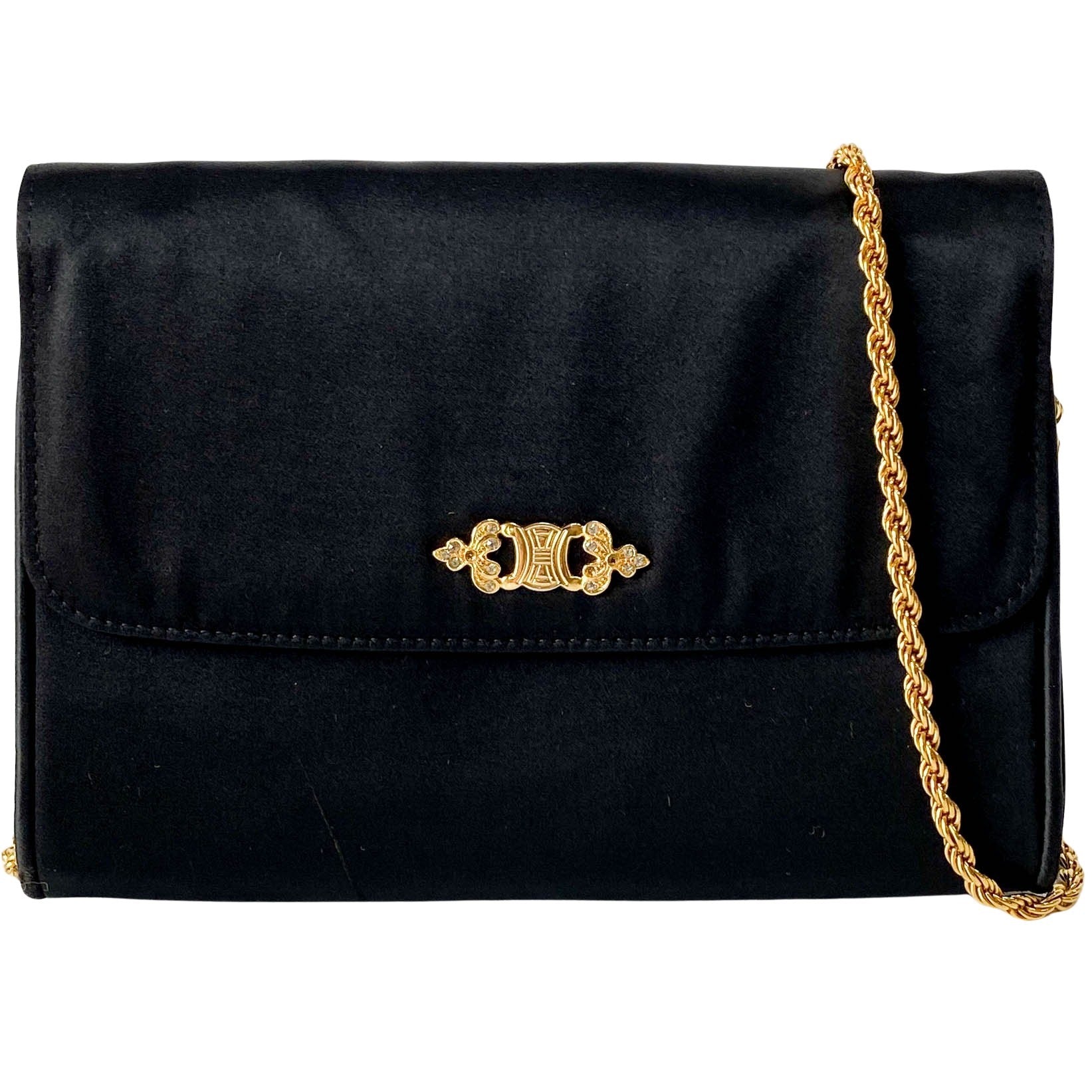 CELINE Black Satin with Gold Chain Strap Clutch Bag, in , Sold by HIVE PRELOVED - Clutch bags, ,