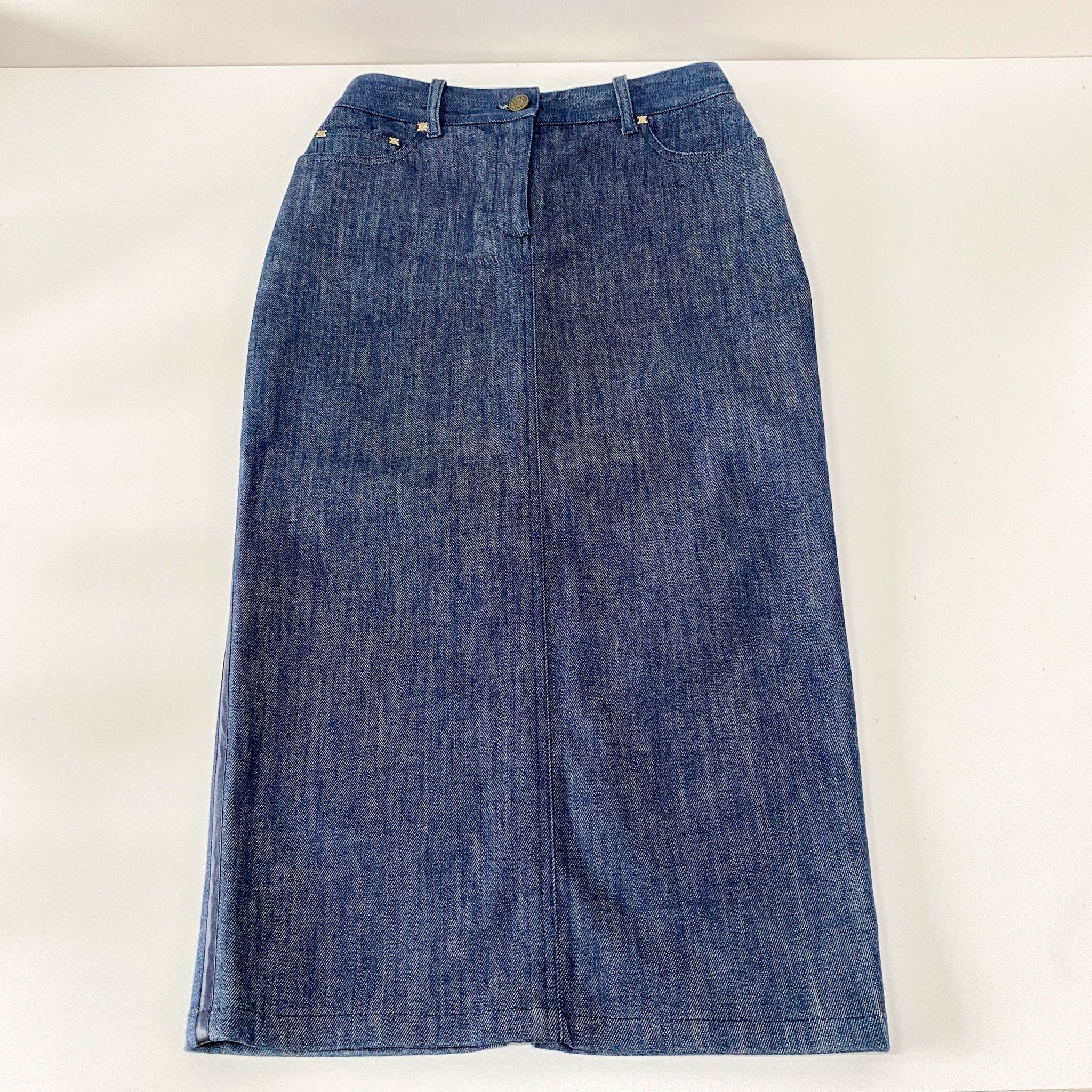 CELINE Denim Straight with Satin Details Mid Lenght Skirt, in , Sold by HIVE PRELOVED - Skirts, ,