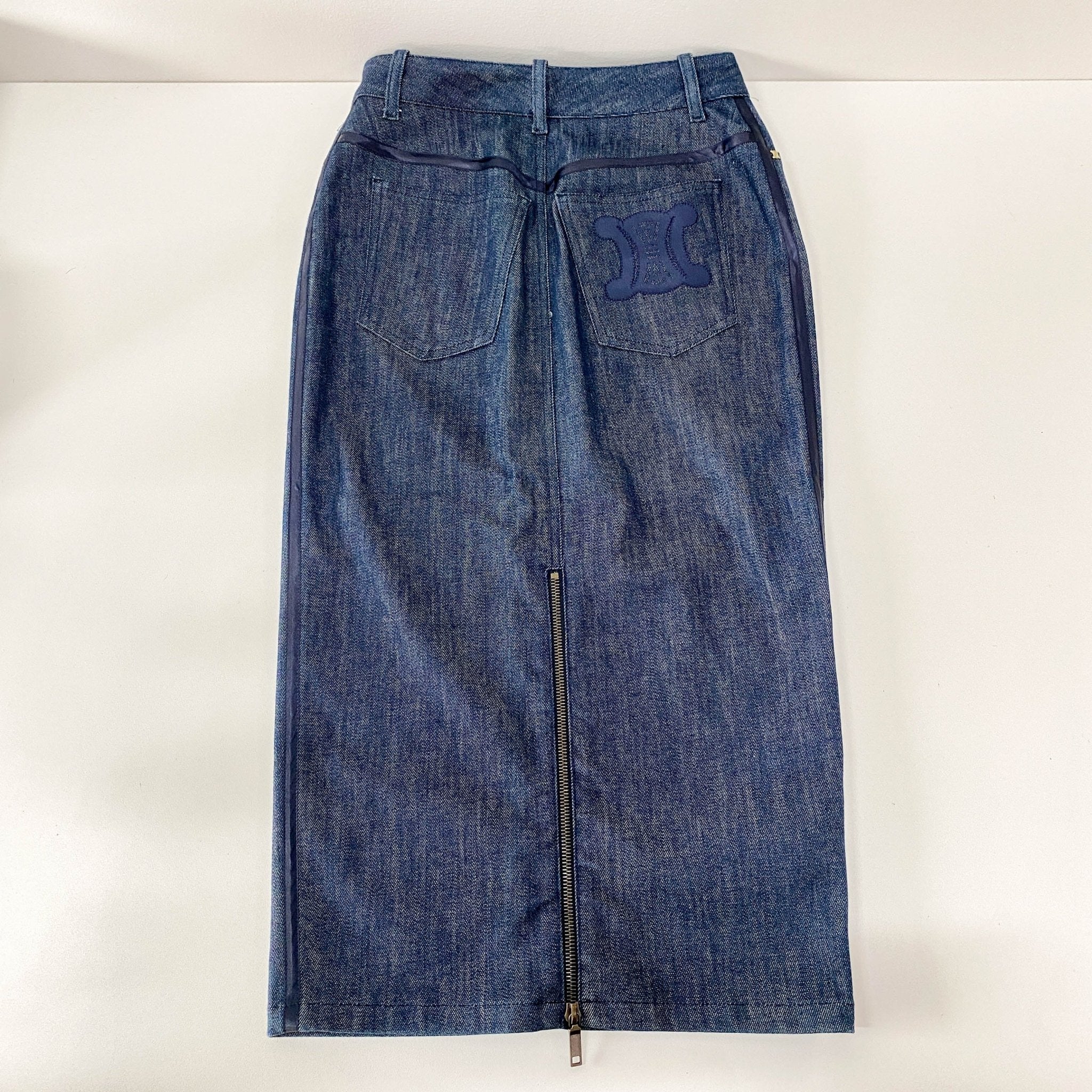 CELINE Denim Straight with Satin Details Mid Lenght Skirt, in , Sold by HIVE PRELOVED - Skirts, ,