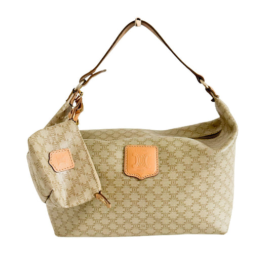 CELINE Macadam Triomphe Beige Canvas Large Pouch Handle Bag With Mini Pouch Bag, in , Sold by HIVE PRELOVED - Handle Bags, ,